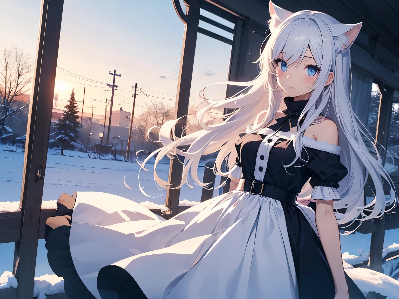 Anime girl with white hair and blue eyes flying in the sky, White cat lady, Gweitz, Very Beautiful Anime Cat Girl, artwork in the style of Gweitz, Gweitz on pixiv artstation, Gweitz on artstation pixiv, Beautiful anime cat girl, Trending on cgstation, anime wallpaper 4k, anime wallpaper 4k 座る