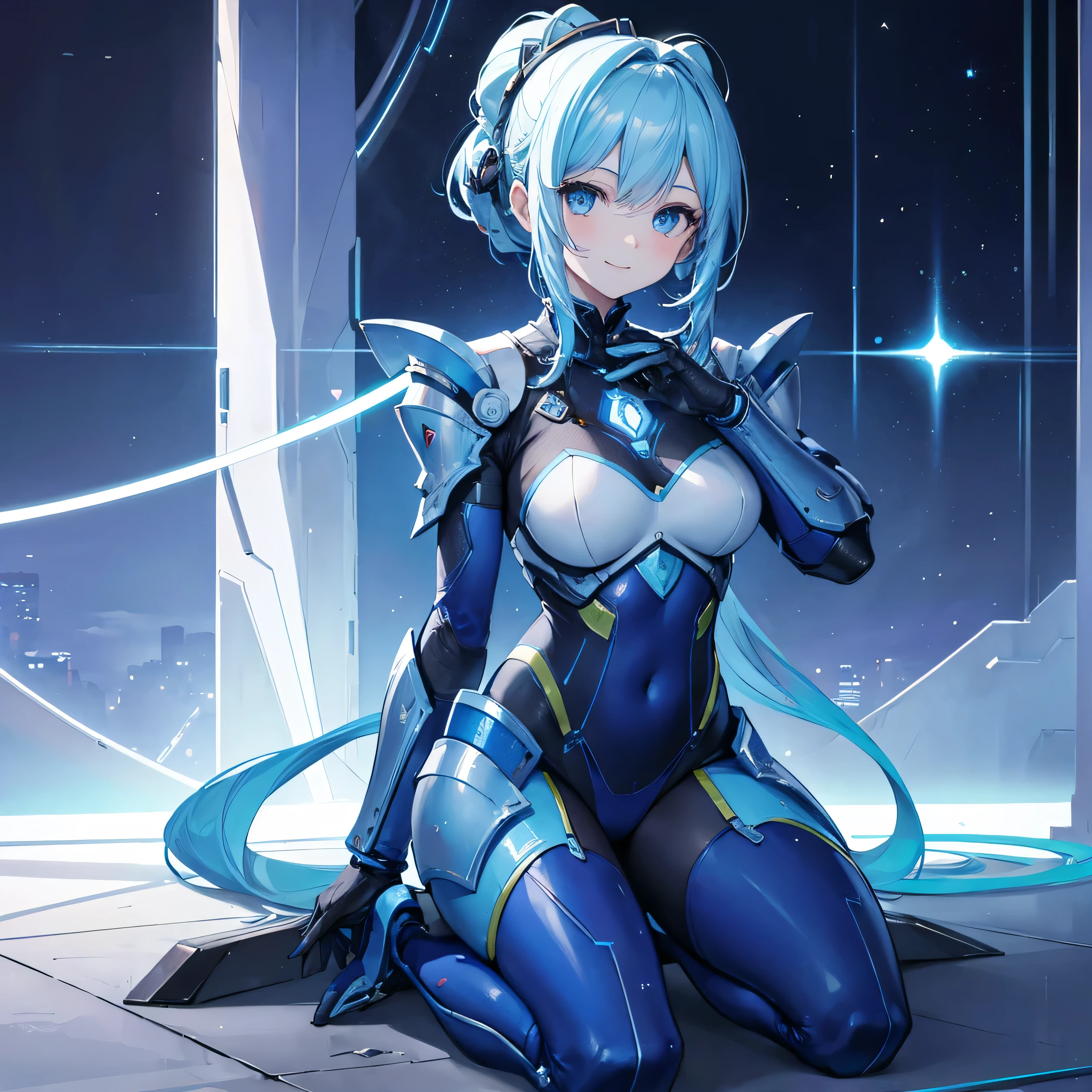 Create a 16k resolution image, Unreal Engine 5, Disney style, Super Metroid style, Mega Man-X style, with very detailed eyes, very detailed face, of a woman doing hybrid cosplay of Mega Man-X/Samus Aran/Seiya of Pegasus with Sagittarius armor, short blue hair, wearing helmet, extremely detailed eyes, futuristic weapons, background: Futuristic city being destroyed, looking at the viewer with tears in their eyes, making cart for the viewer.