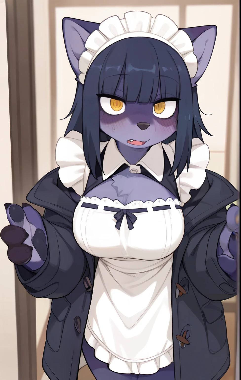 in, top quality, masterpiece、 cartoon anime、Female Furry、The dark blue beast、prick々Shy coat、turquoise maid、Bangs that hide the eyes
、