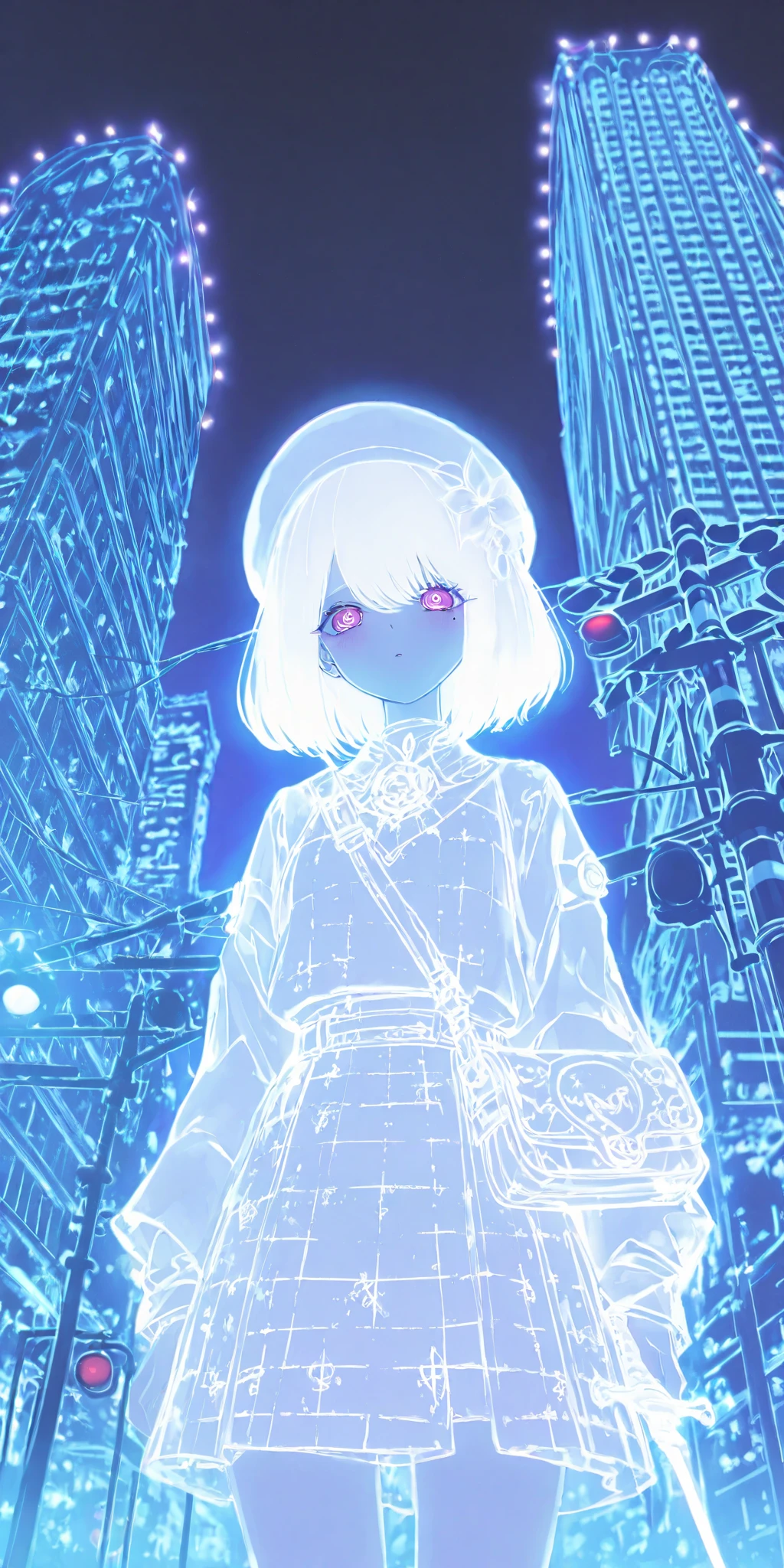 alone,1 female\, beret \( white flower decoration \), 1mole under eye, white armor, short hair,White Dagger , Chuck pattern skirt\) 1 bag \,(multicolor error,error,neon:0.5), overly detailed pupil, Luminous, Chromatic aberration, railroad crossing , Streetlight, ( Alice in Wonderland :0.5), . rest . masterpiece, top quality, very aesthetic , high resolution, super detailed, very high resolution, recent, sight, depth of field, high score , great score ,도시 sight, Low Angle, Chas 판 바닥, Great architecture, Chas 기물이 가득한 sight, Ruined City , Chas, Chas 폰, Clothes that enhance phones.