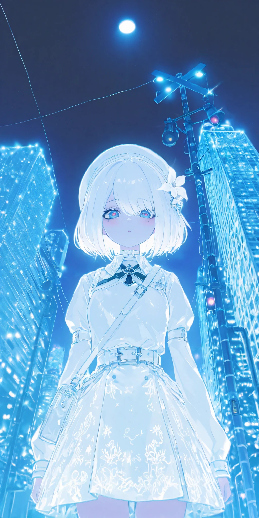 alone,1 female\, beret \( white flower decoration \), 1mole under eye, white armor, short hair,white dagger, Chuck pattern skirt\) 1 bag \,(multicolor error,error,neon:0.5), Overly detailed pupils, Luminous, Chromatic aberration, railroad crossing , Streetlight, ( Alice in Wonderland :0.5), . rest . masterpiece, top quality, very aesthetic , high resolution, super detailed, very high resolution, recent, sight, depth of field, high score , great score ,도시 sight, Low Angle, Chas 판 바닥, Great architecture, Chas 기물이 가득한 sight, Ruined city, Chas, Chas 폰, Clothes that enhance phones.
