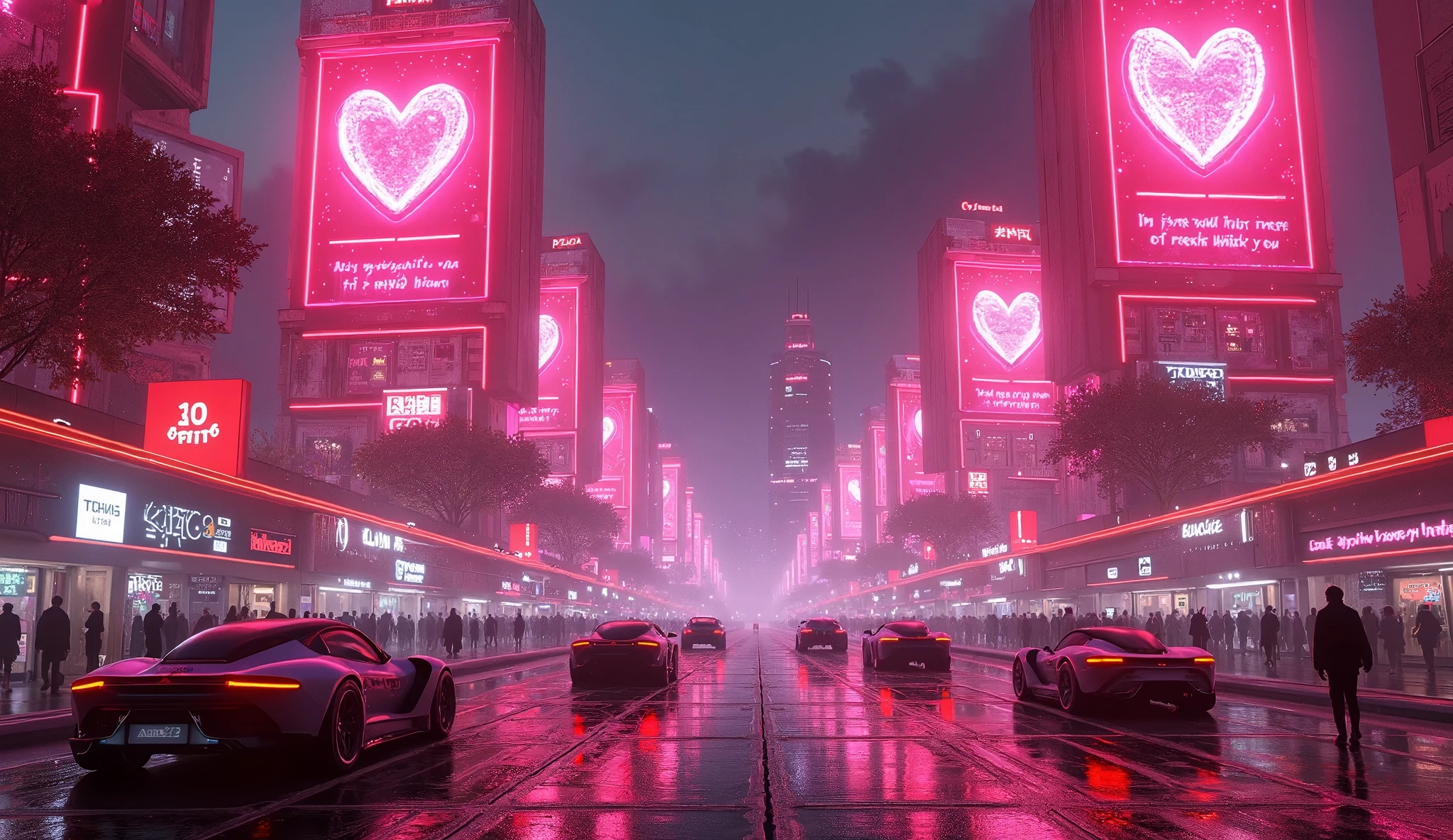 Cars driving down a city street at night with neon signs - SeaArt AI