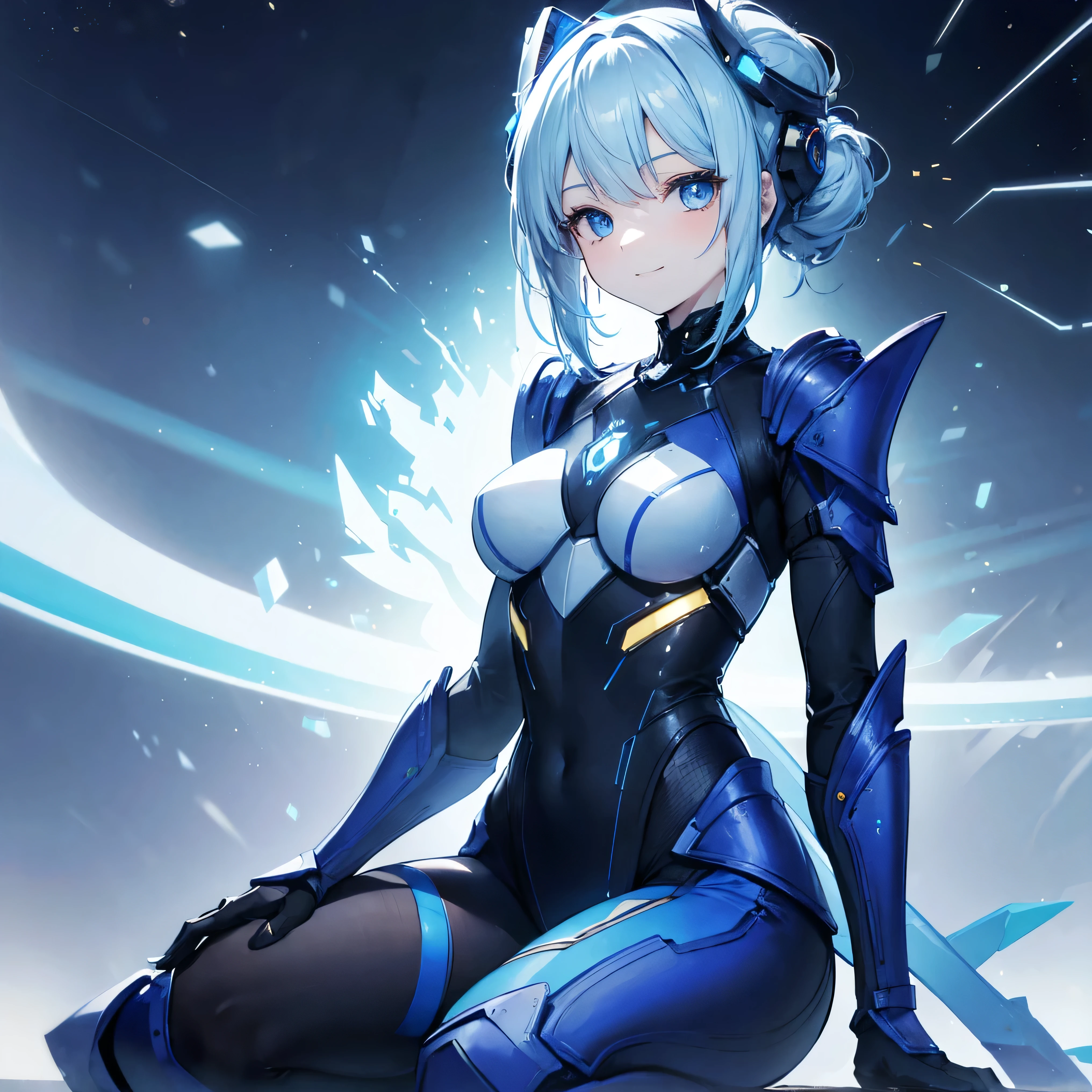 8k, highest quality, (real:1.4), Original photo, 1 girl, Asari Hair, Biological Amplifier, refined armor, posture: Peace talks between warring factions, smart blue eyes
