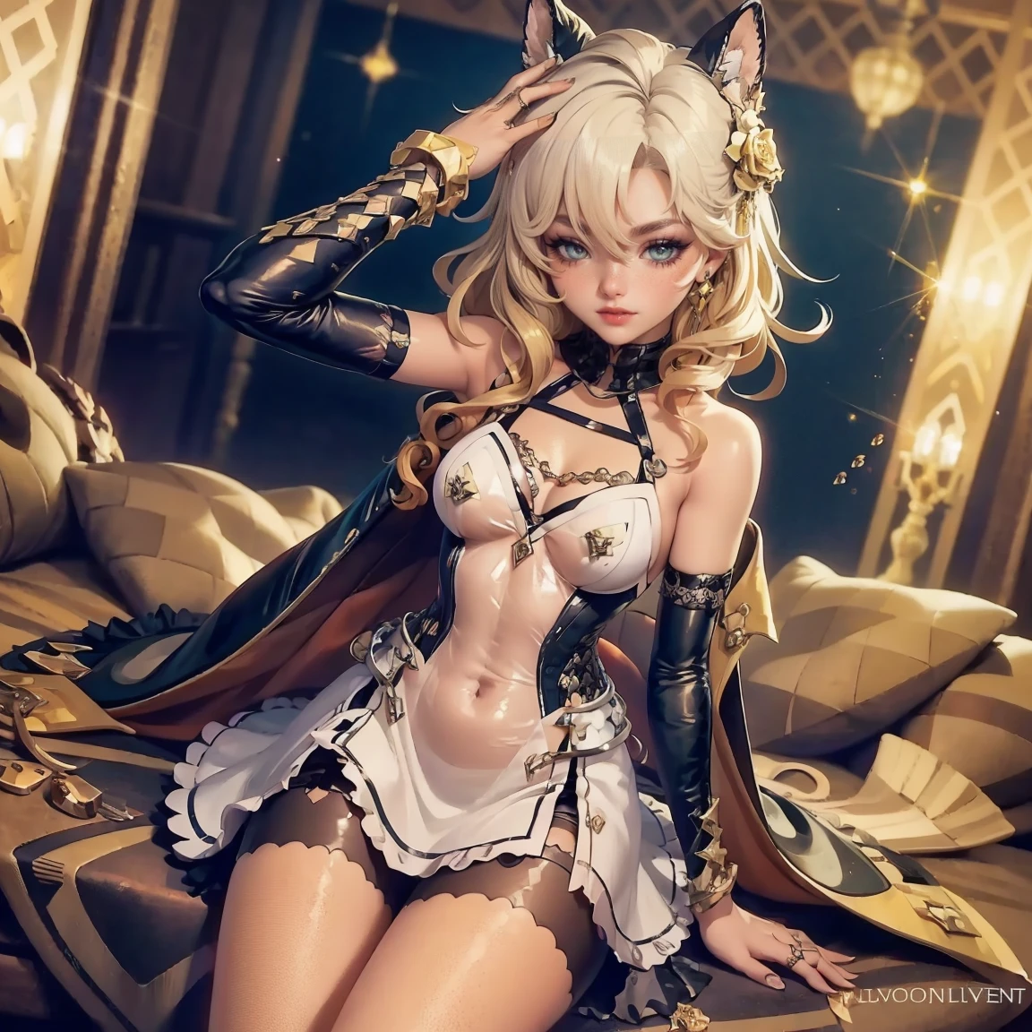 1人の獣女、pure white and very cute fox beast woman、sit open legs、black rubber suit、tattooed、white long wavy hair、sparkling gold big eyes、ABS、great proportions、full body Shot、background kaleidoscope、the anime、illustration、FANTASY、portrait、animification、Highres、The Highest Quality、very high image quality、Super Detailed、ultra Realistic、pfotorealistic