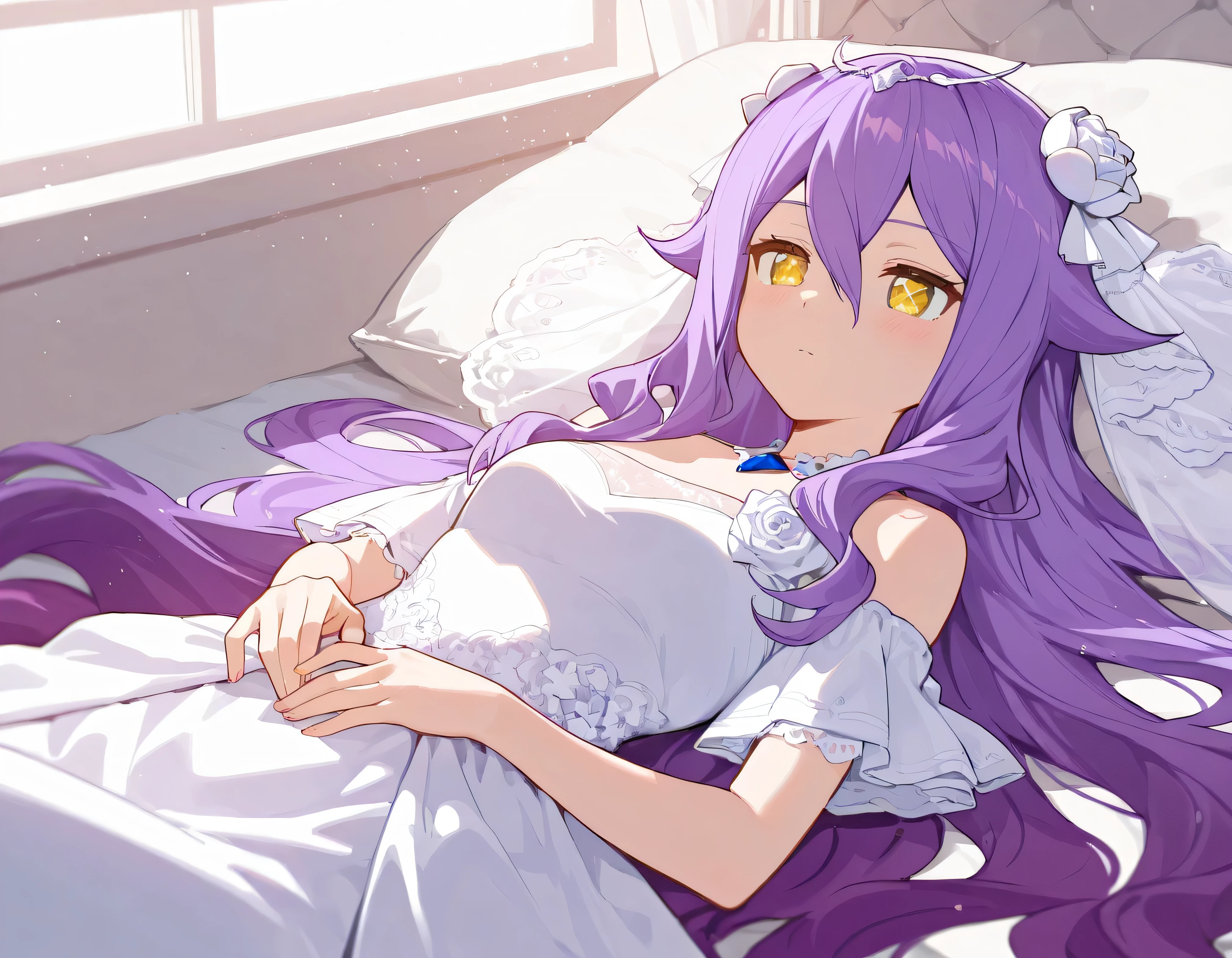 score_9, score_8_up, score_7_up, masterpiece, best quality, very aesthetic, absurdres, tunning image, light particles, attractive image, solo, 1girl, Sirin, long hair, purple hair, yellow eyes, x-shaped pupils, diamond-shaped pupils, masterpiece,best quality,amazing quality, 5 fingers, alternate costume, An anime girl dressed in an Ethereal Valentine Bride outfit, wearing an elegant off-shoulder ivory wedding gown adorned with delicate rose lace details. The flowing tulle layers of the skirt create a dreamy, weightless effect, and a sheer veil with tiny pearl accents cascades down her back. lying down
