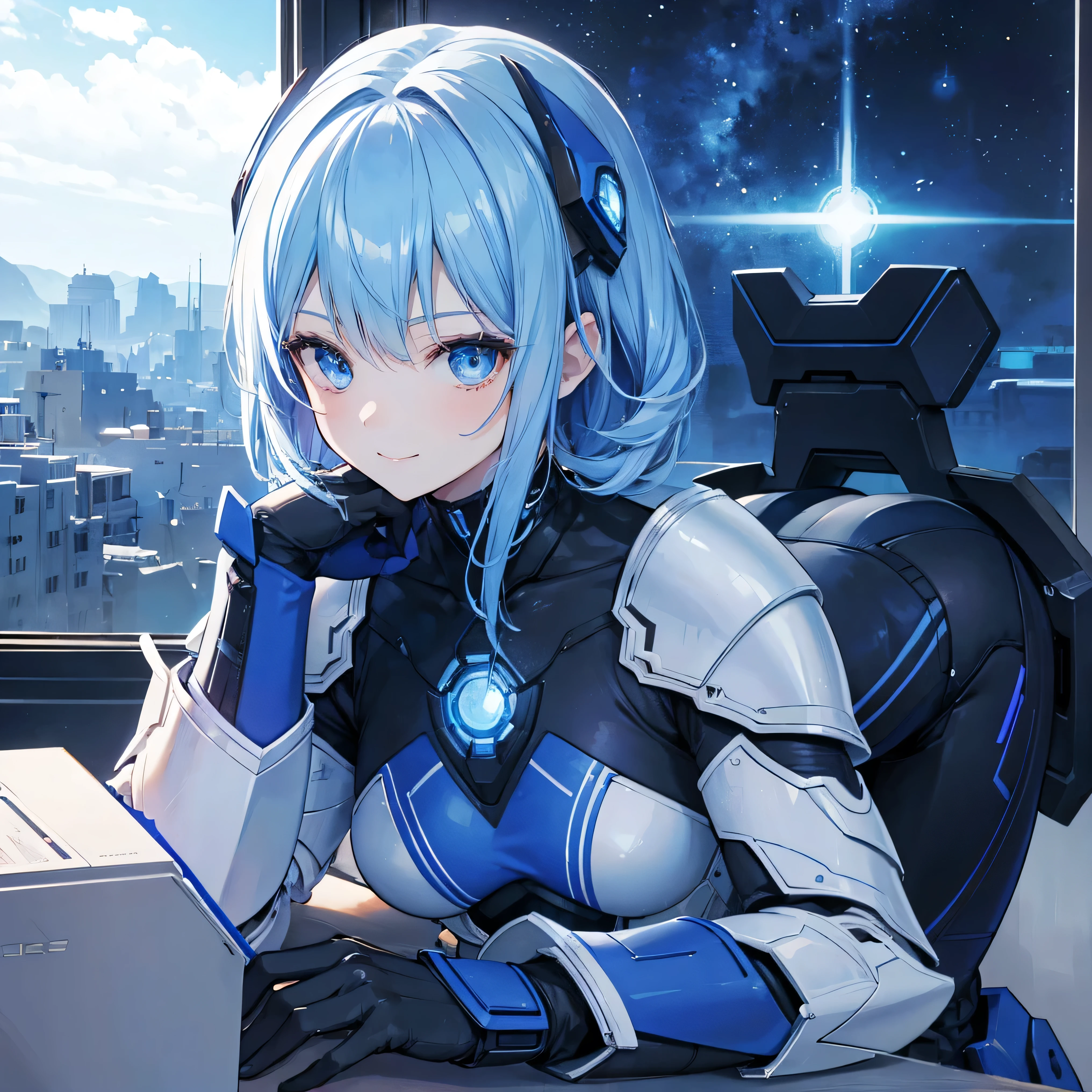 Anime girl with blue hair and headphones sitting at a desk with a ...