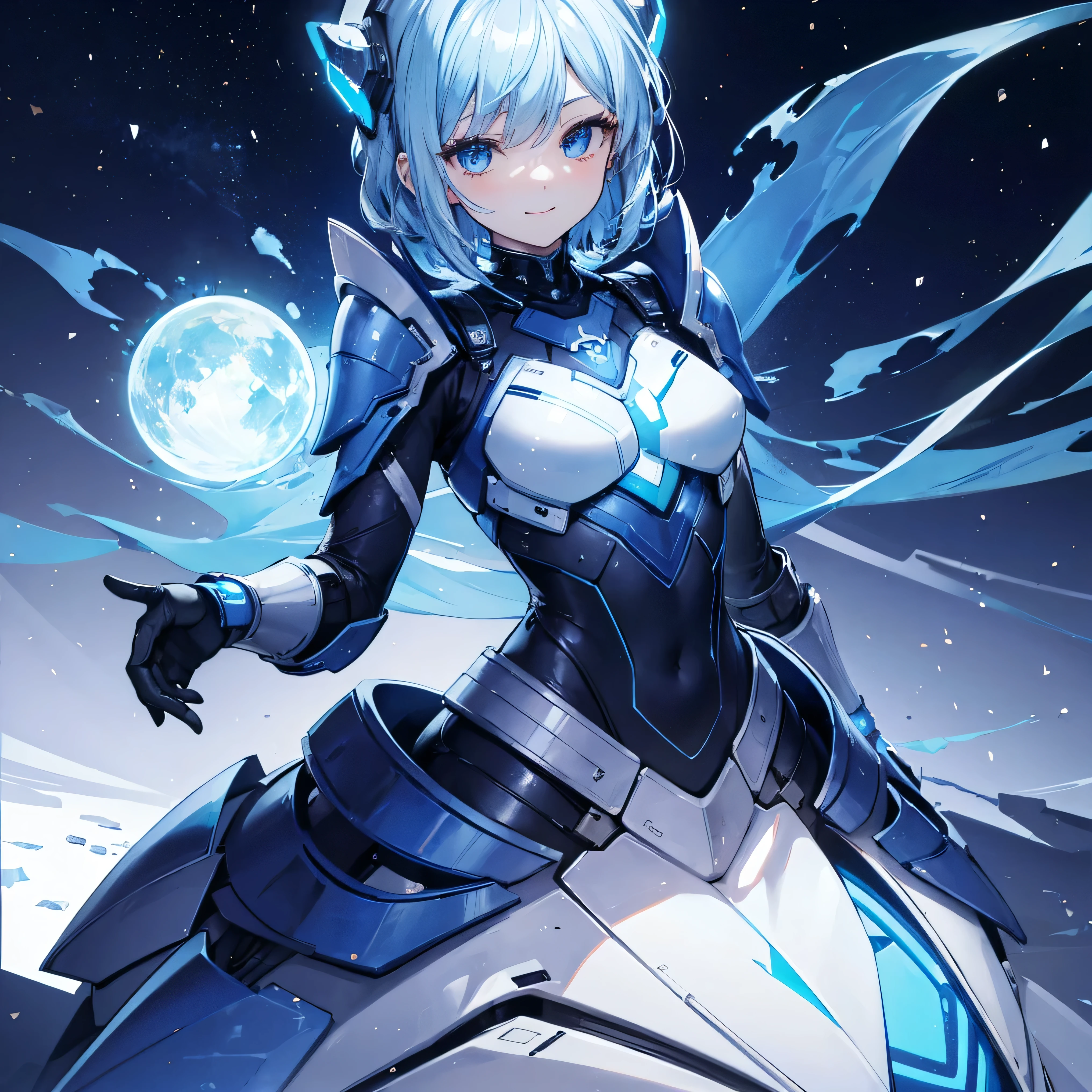 8k, top quality, (Genuine:1.4), original photo of , in the seat, Asari Hair, smile,female style, cute,Biological Amplifiers, Refined Armor, posture: Peace Talks between Combating Factions , Smart Blue Eyes ,Kneel