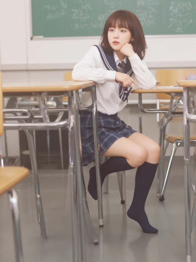 (Navy jacket:1.2)、In detail, High resolution, high quality、Beautiful fine details, long hair, Natural color lip、1 person、Clear Skin、Shiny Hair、Tabletop, 最high quality, Super detailed, In detail, High resolution, 8k、Beautiful feet,Perfect beautiful face,KPOP idol faces,Ecstatic face、Cute face、smile、classroom,collared white shirt,knee length pleated skirt,tartan check skirt、Spread your legs、Lift-up skirt、pink panties、Knee-high socks