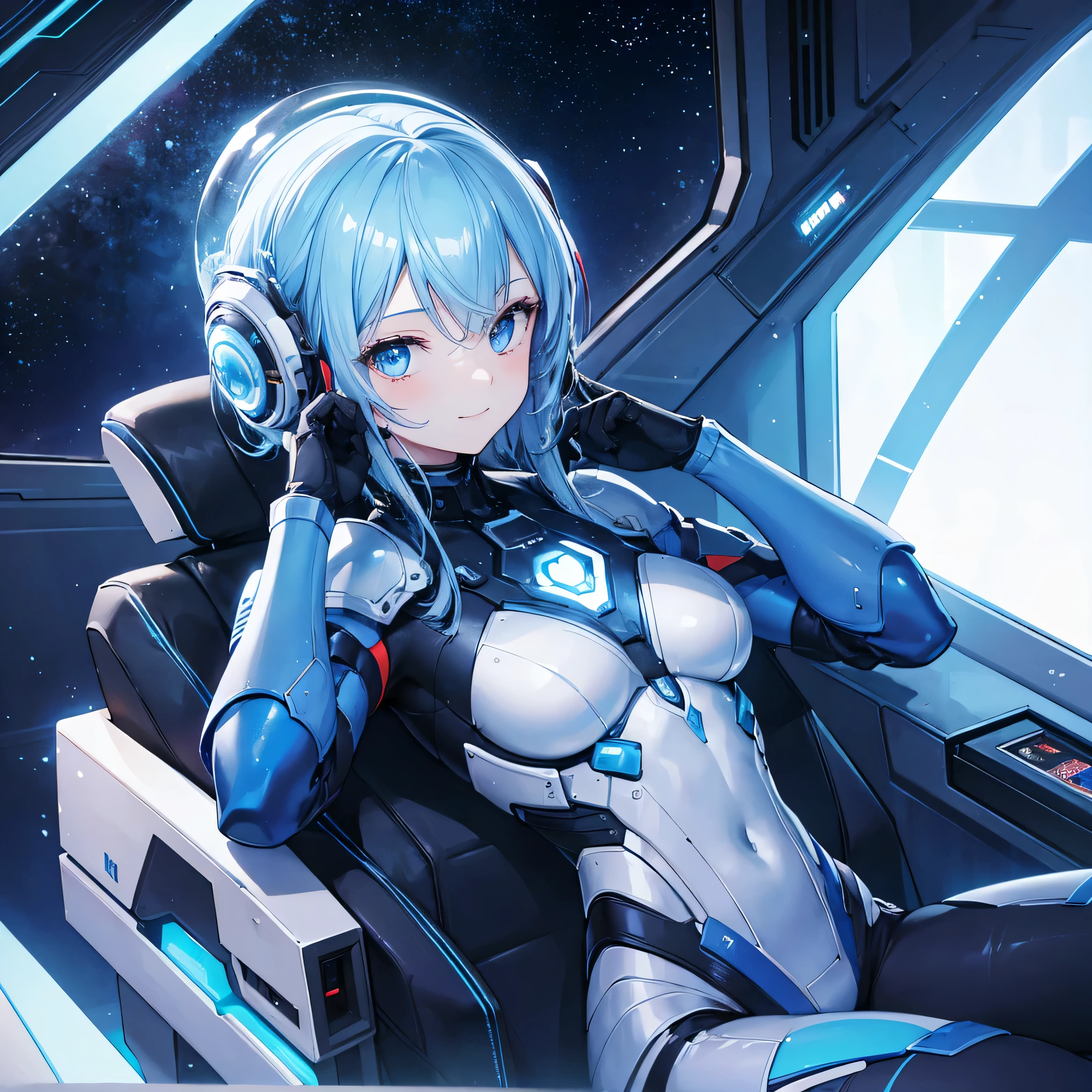 8k,  top quality, (Genuine:1.4),  original photo of ,  in the seat, Asari Hair, smile,female style, cute,Biological Amplifiers, Refined Armor, sophisticated bubble helmet, posture:  Peace Talks between Combating Factions ,  Smart Blue Eyes ,Kneel