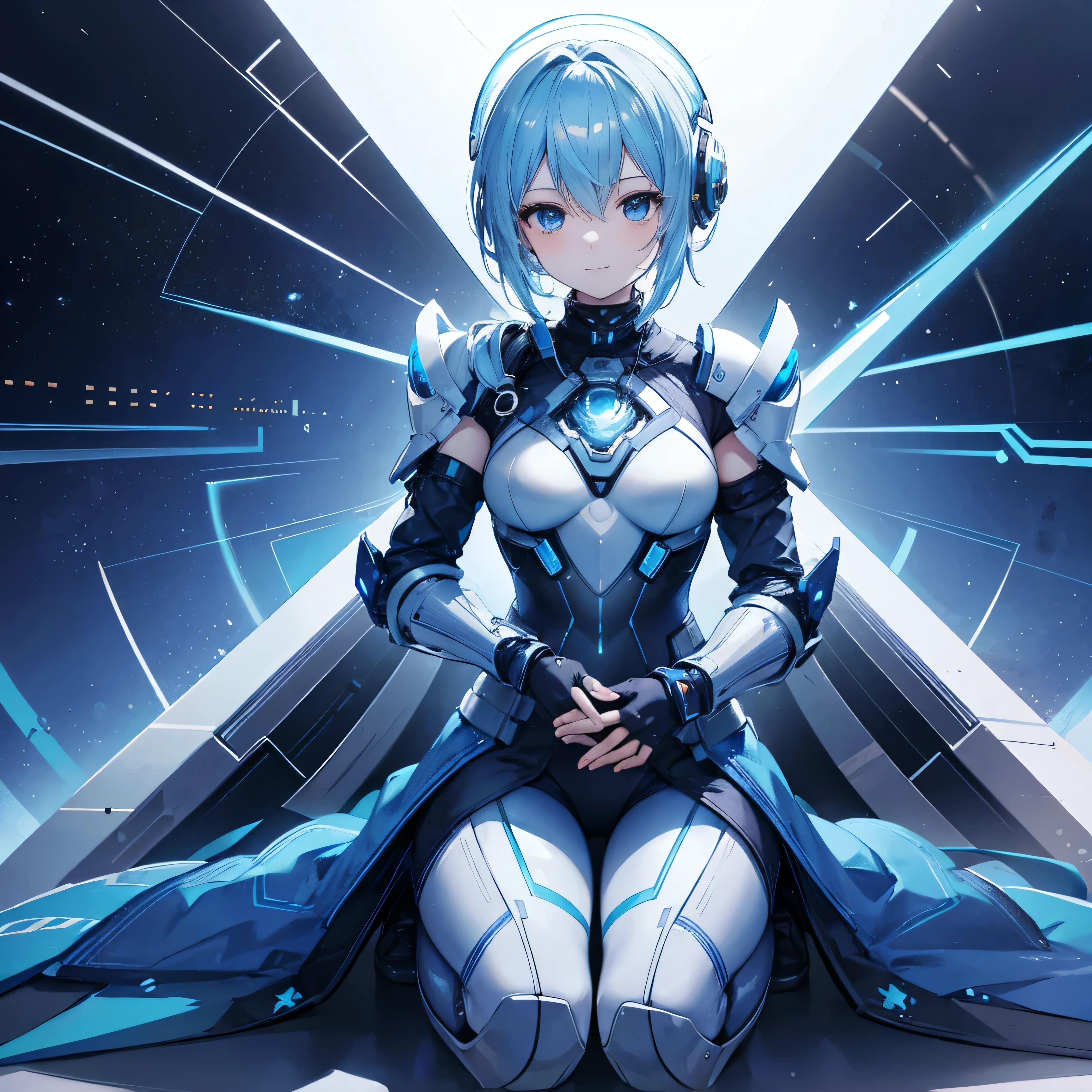 8k, top quality, (Genuine:1.4), original photo of , in the seat, Asari Hair, smile,female style, cute,Biological Amplifiers, Refined Armor, sophisticated bubble helmet, posture: Peace Talks between Combating Factions , Smart Blue Eyes ,Kneel