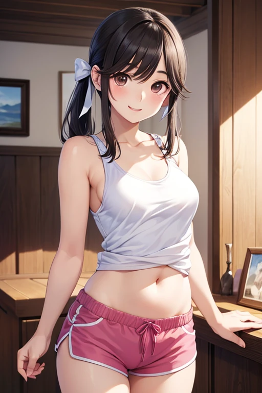 Ultra realistic years old, girl, masterpiece, Best Quality, high quality, defined, detailed, HD, (brown skin), defined eyes, intense brown eyes, long eyelashes, small mouth, smile, :3, very long hair, smooth fur, dark hair, reduced body, bosom barely contained, big breasts, sexy, posing photo, study, mini skirt, no bras, No Good, excited, erect nipples, nice view, full body, nice body, nice hands, nice fingers, perfect fingers, open, wet, the flag, hot, tight, blushing, nice legs, no socks, no bangs, combed back, lascivious pose, small, no skirts, open legs, sexy clothes