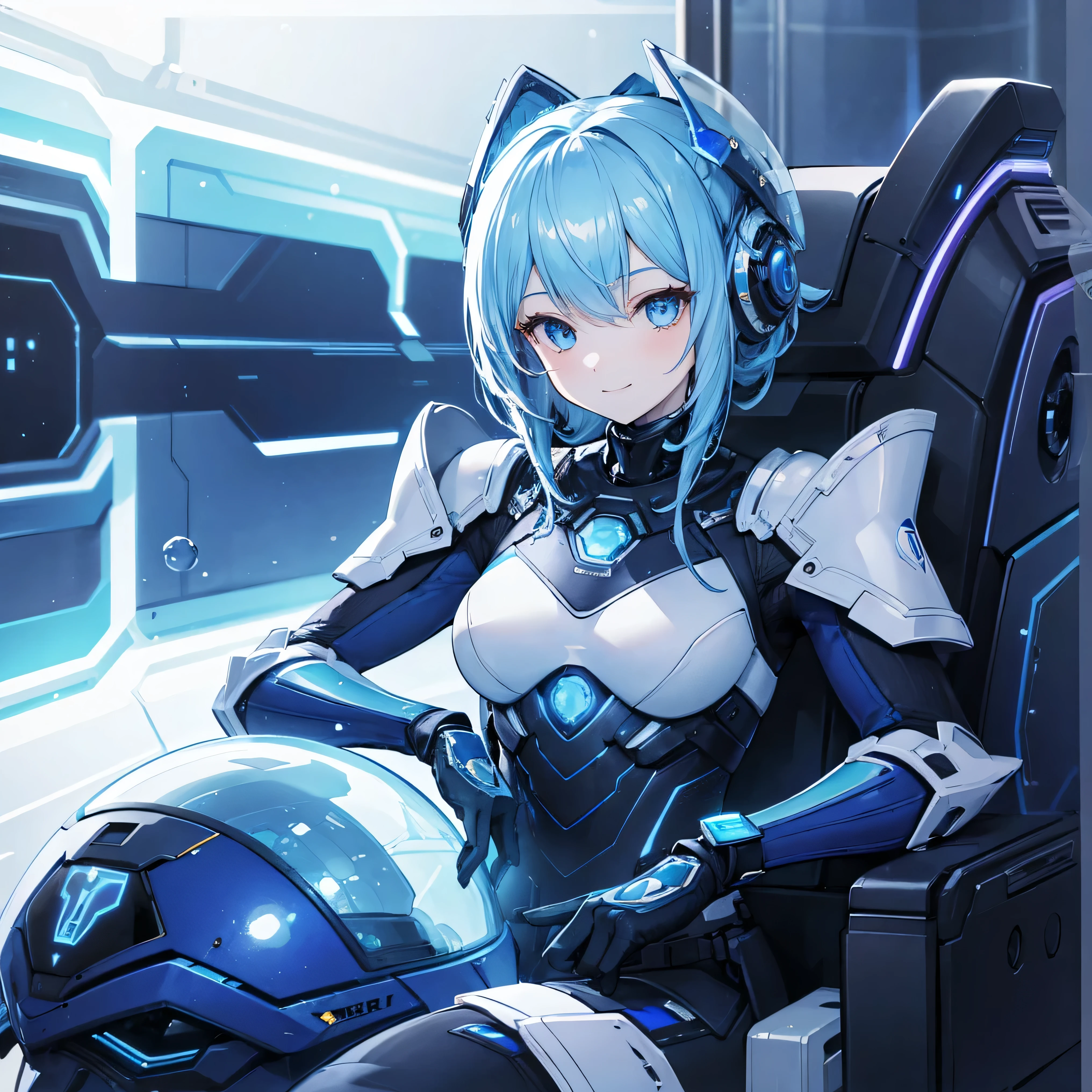 8k,  top quality, (Genuine:1.4),  original photo of ,  in the seat, Asari Hair, smile,female style, cute,Biological Amplifiers, Refined Armor, sophisticated bubble helmet, posture:  Peace Talks between Combating Factions ,  Smart Blue Eyes ,Kneel