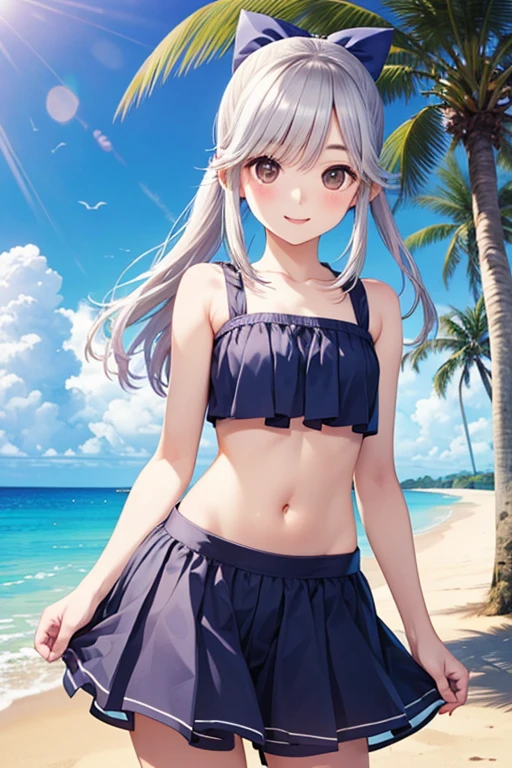 5 years old girl, silver hair, blue eyes, blue swimsuit, blue skirt,on the beach