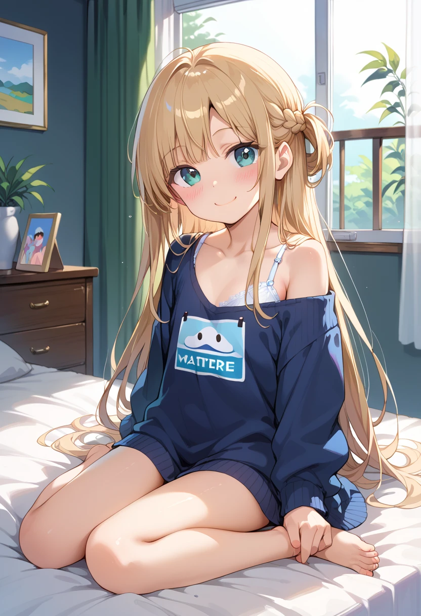 little_girl,cute_loli_, Blonde hair, long curly hair, hair over one eye, yellow eyes, long hair, dark skin, ahoge, thigh, cute, sexy, 