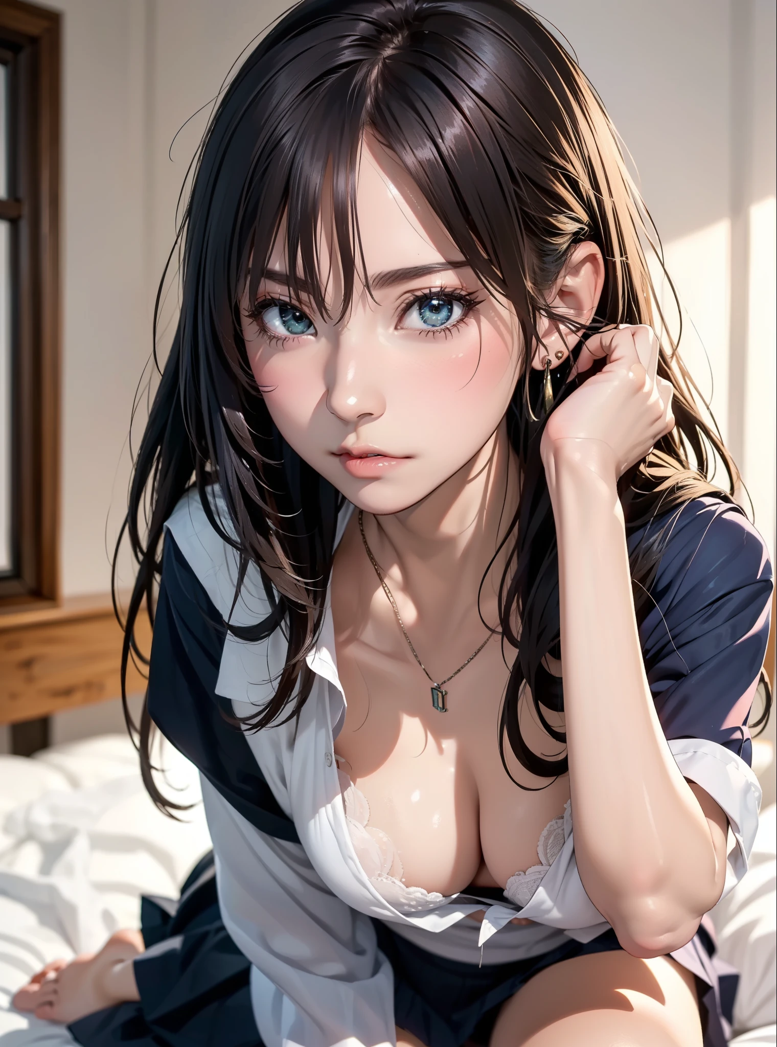 (A girl in a and a fat naked middle-aged man), Licking the neck, Tabletop: 1.3), (Maximum resolution: 1.2), (Ultra HDTV: 1.2), Cinematic Light, Ultra HDTV, (Fine grain and skin), (Detailed facial features), nffsw, 8K resolution, Sharp focus: 1.2, Perfect Style, Beautiful Face, Perfect body, Accurate, Anatomically correct, Very detailedな顔と肌の質感, Fine grain, Dark blue eyes, double eyelid, Thin eyebrows, Glitter Eyeliner: 1.2, Natural Cheeks, Glowing Skin, Fair skin: 1.2, Small shiny necklace and earrings, (Glossy lips: 1.4), ,Best image quality, masterpiece, 超High resolution、Wavy Hair、Blonde、Short Hair、Tatami room, (she gets on all fours),((A man grabs my hips from behind))、(深夜のTatami roomの上で四つん這いになる)、blush、dislike、18-year-old、slouch、Stick your butt out、(Focus on the face)、Sweaty、A man puts his penis inside his girlfriend、Pleated mini skirt、Open shirt、Fold your sleeves、Thigh whip、、(Close ~ eyes)、Zoom in on face、View from below、High resolution,Very detailed,Dramatic lighting,Beauty and beauty,masterpiece,Highest quality,Very detailed,Variegated,Most detailed information、Shining eyes、fine 目、Perfect Face、Mysterious、anger、Drooling、、(Her skirt is flipped up and her butt is exposed)、Vaginal intercourse、Close ~ eyes、((doggystyle sex))、((1 boy and 1girl are having sex))