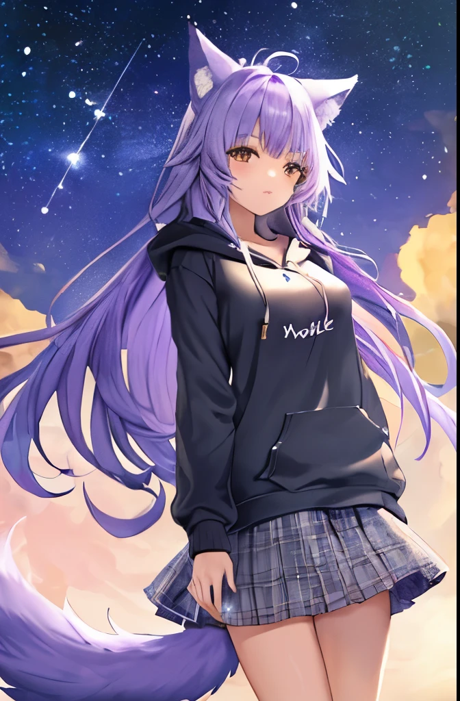 best qualtiy, tmasterpiece, 超高分辨率, realisticlying, 1 girl, long white hair,Heterochromic pupils,The shirt,(slightly drunken expression),(Stick out your tongue),(winking)(M-legs)Bottoms purple stockings,Straight highway fantastic starry sky,wide angles
