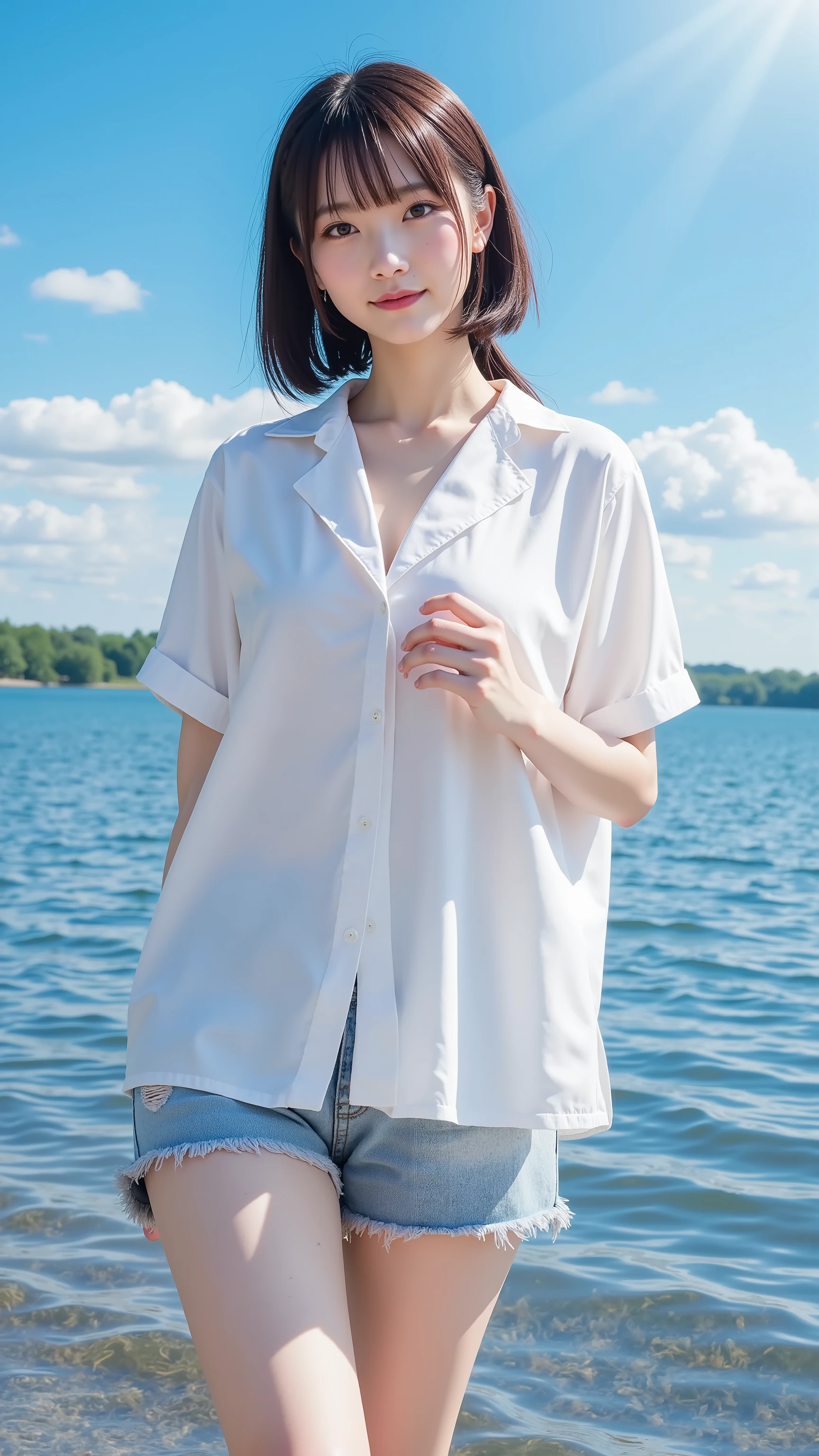 top quality、 nothing 、( high definition :1.2)、 masterpiece、 Detailsな背景、Age Beauty 、 large size、( 非常に Detailsな顔:1.2)、 detailed expressions 、( Details:1.2)、 anatomically accurate、( Normal number of fingers :1.2)、Light-colored hair 、 braided bob cut 、 ponytail、
( under a clear summer blue sky 、 the girl who landed on the riverbank :1.5)、( and approaches the waterside barefoot :1.5)、 ( she rolls up her white shirt lightly and approaches the waterside barefoot {x} {x} {x} she rolls up her white shirt lightly and approaches the waterside barefoot {x}} Droplets of water light up her smile It reflected and was as dazzling as if it had trapped a moment of summer sparkle:1.5)、
Squat down under her stomach 、 when you gently reach out 、 cold water flows between her fingers 、 shines for a moment in the air 、Scoop water with both hands、 throw it into the air 、 clear drops of water sparkle in the sun 、 and approaches the waterside barefoot 、 quietly melts into the river 、 cute