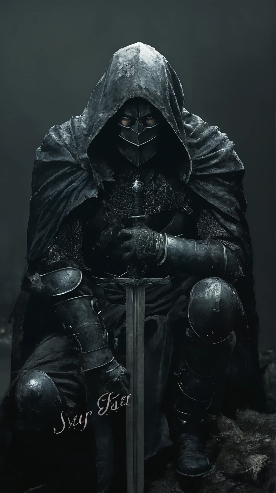 A close-up of a gothic knight, clad in intricate, battle-worn armor, kneeling solemnly on one knee with both hands resting atop the hilt handle of a massive sword planted firmly straight into the ground in the middle of the picture. His helmet, hollow-eyed and menacing, obscures his face, exuding a haunting presence. The heavy, tattered cape drapes over his shoulders, partially pooling onto the ground. Shadows twist around his form, amplifying the eerie, medieval dark fantasy atmosphere, reminiscent of *Dark Souls 3* concept art. The air is thick with mist, and the dim, flickering light from an unseen source catches the jagged engravings on his armor. The composition is high-contrast and gritty, emphasizing the weight of duty, despair, and the remnants of a battle lost to time. The scene feels like a moment frozen between legend and oblivion, capturing the essence of a forsaken warrior in a world where even steel can decay."