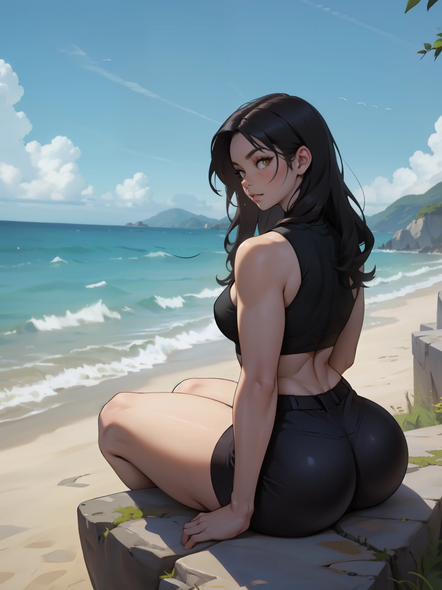 she's sitting on a tall cliff overlooking the ocean it's rocky not a beach the breeze of the ocean is lifting her hair as she thoughtfully gaze at the horizon it's a cloudy day and somewhat gloom. black hair yellow eyes pale skin huge muscles girl from behind