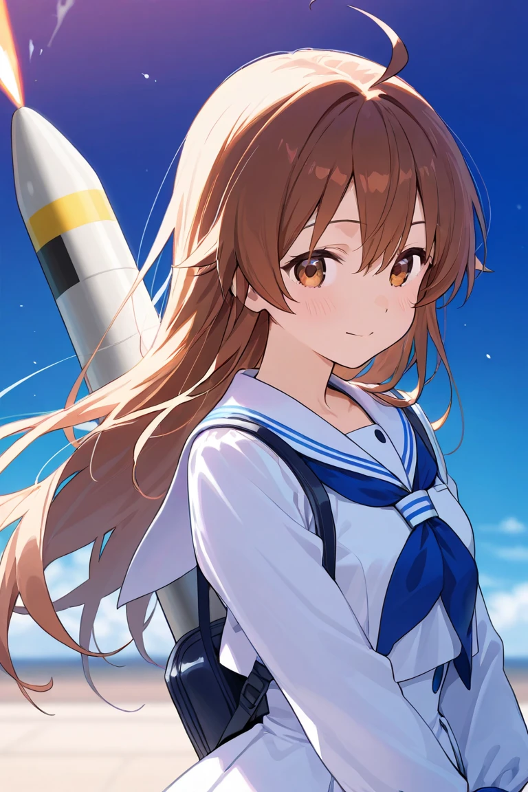 highest quality, masterpiece, High resolution, 一人in, {Kuma_Fleet Collection:1.15}, Brown_hair, length_hair, Ahoge, Brown_eye, Huge_Ahoge, blush, smile, Open_mouth, serafuku, One girl, :is, 前hair, tooth, green_Sailor_collar, hair_Intake, Looking_in_Audience, neckerchief, Sailor_collar, School_uniform, shirt, short_sleeve, very_length_hair, white_backgrounis, white_shirt, Little, haniss_superior, reis_neckerchief, belly button, Simple_backgrounis