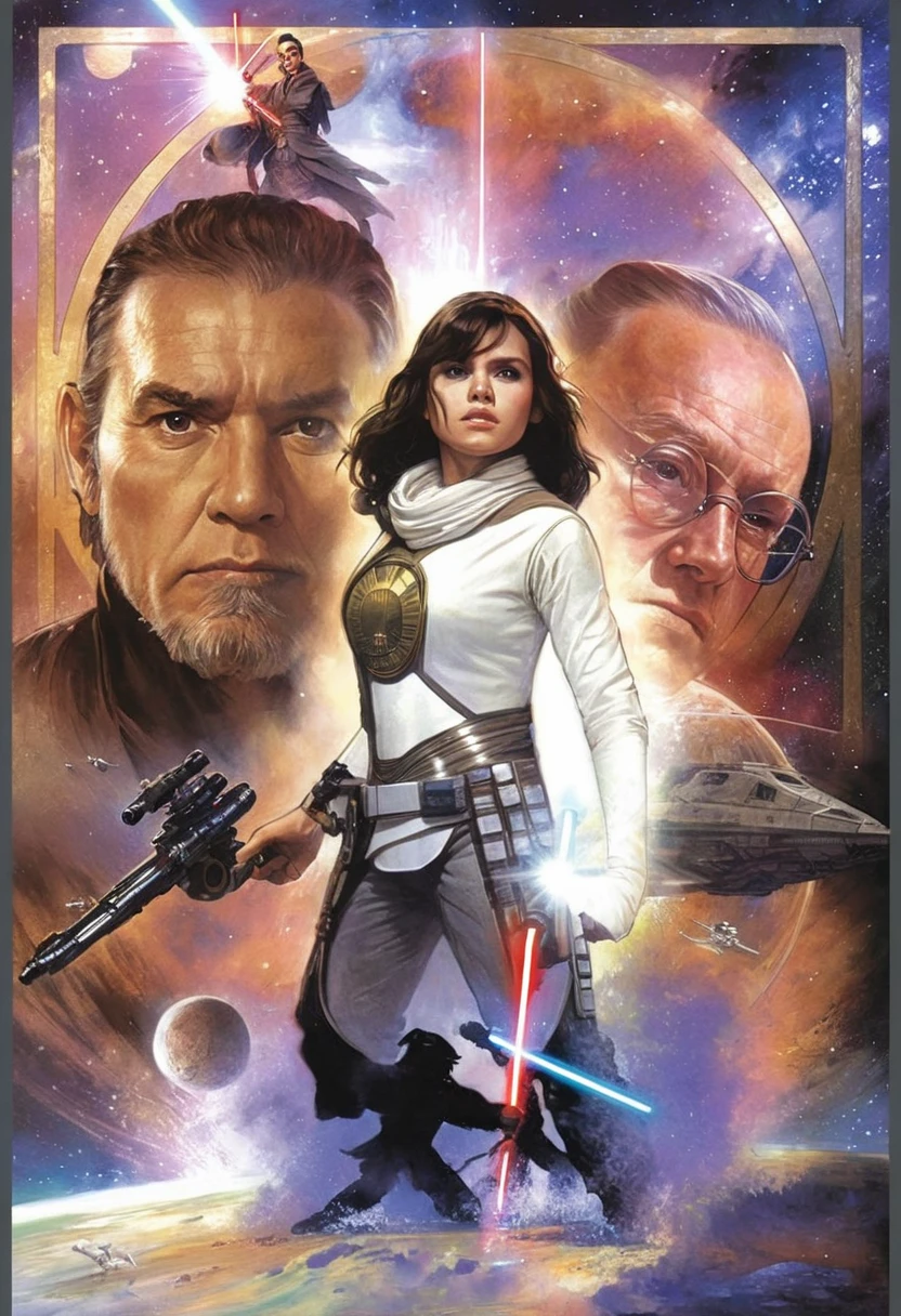 nvinkpunk, 8k, masterpiece, best quality, ultra-detailed, a movie poster for star wars with the characters from the film and the characters from the film in the background, by John Berkey