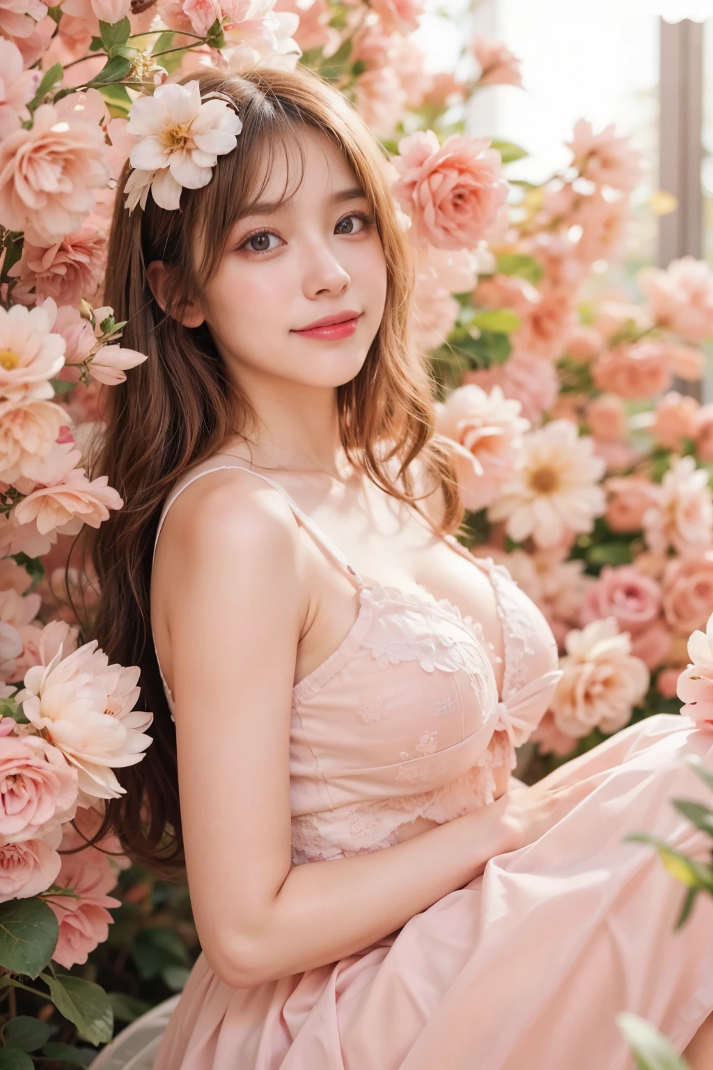 (masuter piece), Best Quality, High resolution, Ultra-detailed, character close-up, White beautiful flared dress, Elegant dress, exquisitedetails, Beautiful and elegant flare dress, Colorful and shiny, Dress Floating, Dramatic Angle, Close Natural (close-up), Warm colors like sunlight focus personal warm, champagne, Details are highlighted, Extra Long Ribbon, Open, Full body, Many detailed elements, Pink petals, Sunlight on the skin, Glorious, hair pin, hydrangeas, Ladyfinger, Beautiful breasts with F cups, Beautiful shining eyes,