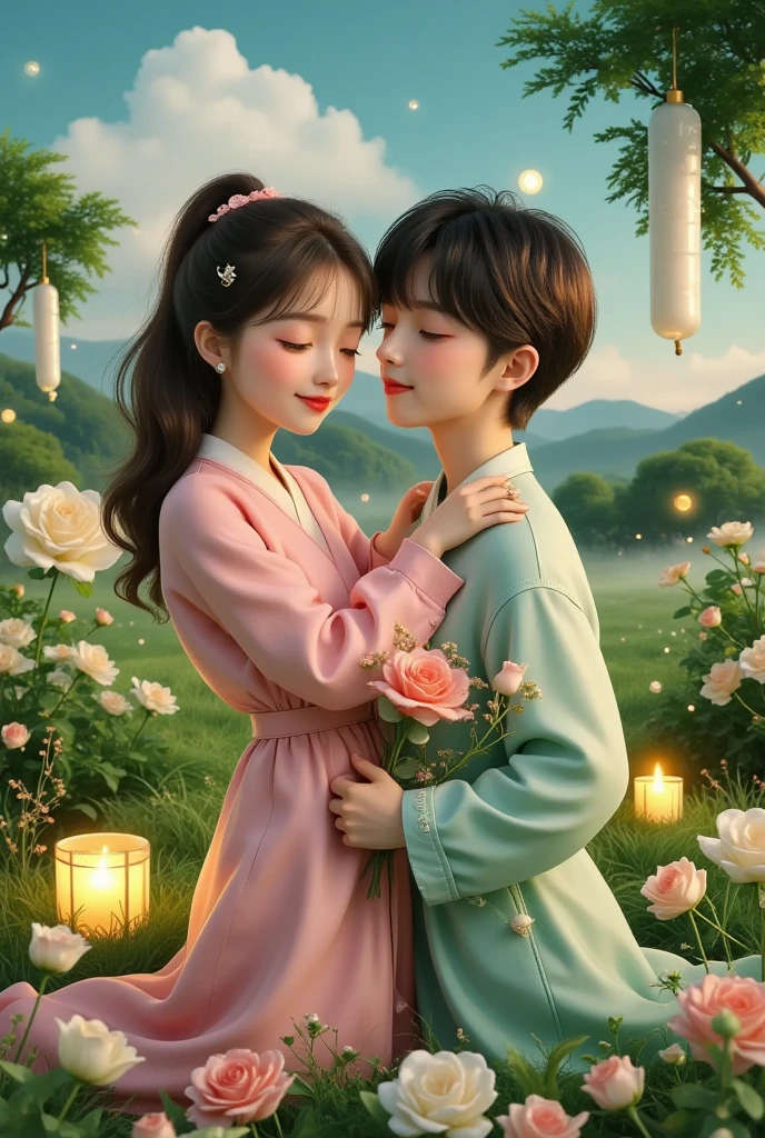 一对情侣在迷人的garden中心跳浪漫的舞蹈. The scene is illuminated by floating candles and lanterns , projects a warm , Gently. garden , From the delicate petals of flowers to the verdant leaves , The intricate details are presented in amazing 8K resolution . The couple, Immerse yourself in your arms , Exudes deep love and connection . The atmosphere is full of magical magic , The soft light and serene beauty of the surroundings brightens up the surrounding environment