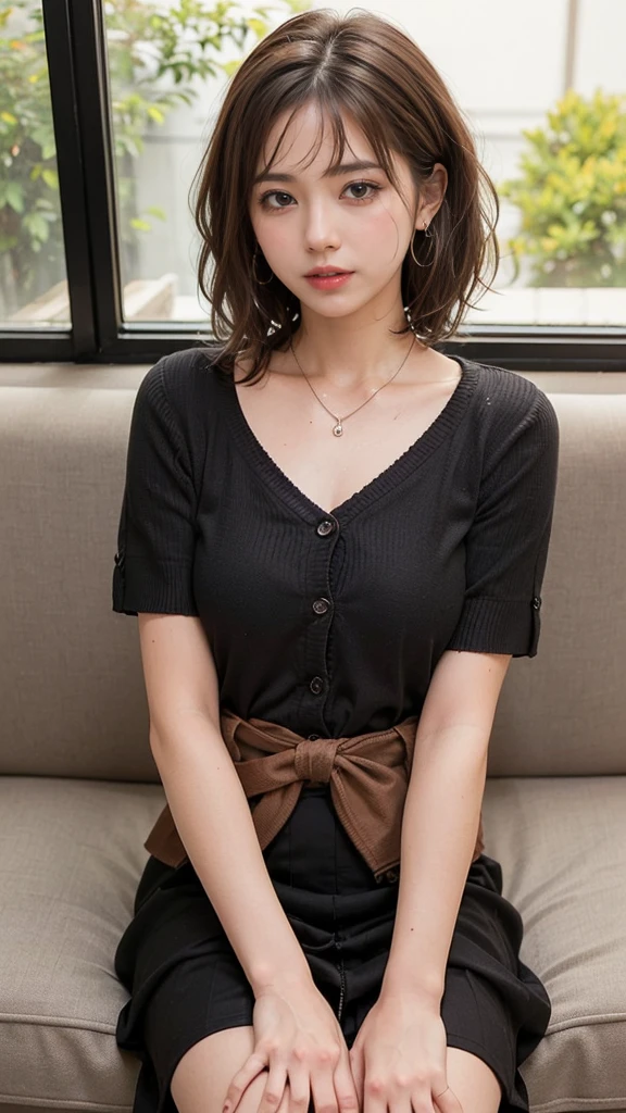 (((Look away,poneyTail、Mouth ajar))),(((((Knee-length pleated skirt in grey plaid、White Lace-Up Blouse、a smile))))),((at the library、Reading a book))、masutepiece, 1girl in, best qualtiy, Ultra Detail, (shiny), (Small)、(((with blush cheeks,))),Ray tracing,Perfect Lighting, (milky skin:1.2),reflection, up looking_で_viewer, blush, yellow_Eyes, Japan's cutest 28-year-old beautiful girl、Small ribbons in the hair、Contrast Legs