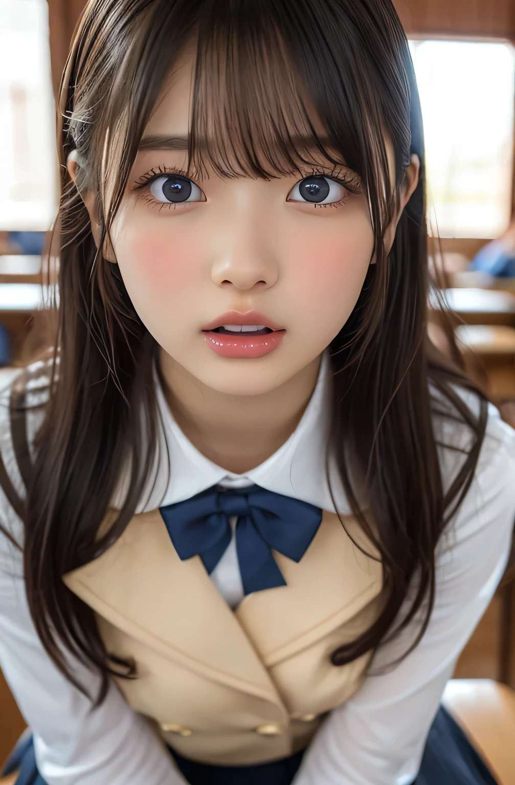 nsfw, nudes, Nipples, vagina, spread legs, spread pussy, whole body, black hair, cool expression , full-bodied :1.4, ( Clear Eyes:1.4), ( very cute:1.2), school uniform, ( big breasted:1.2)