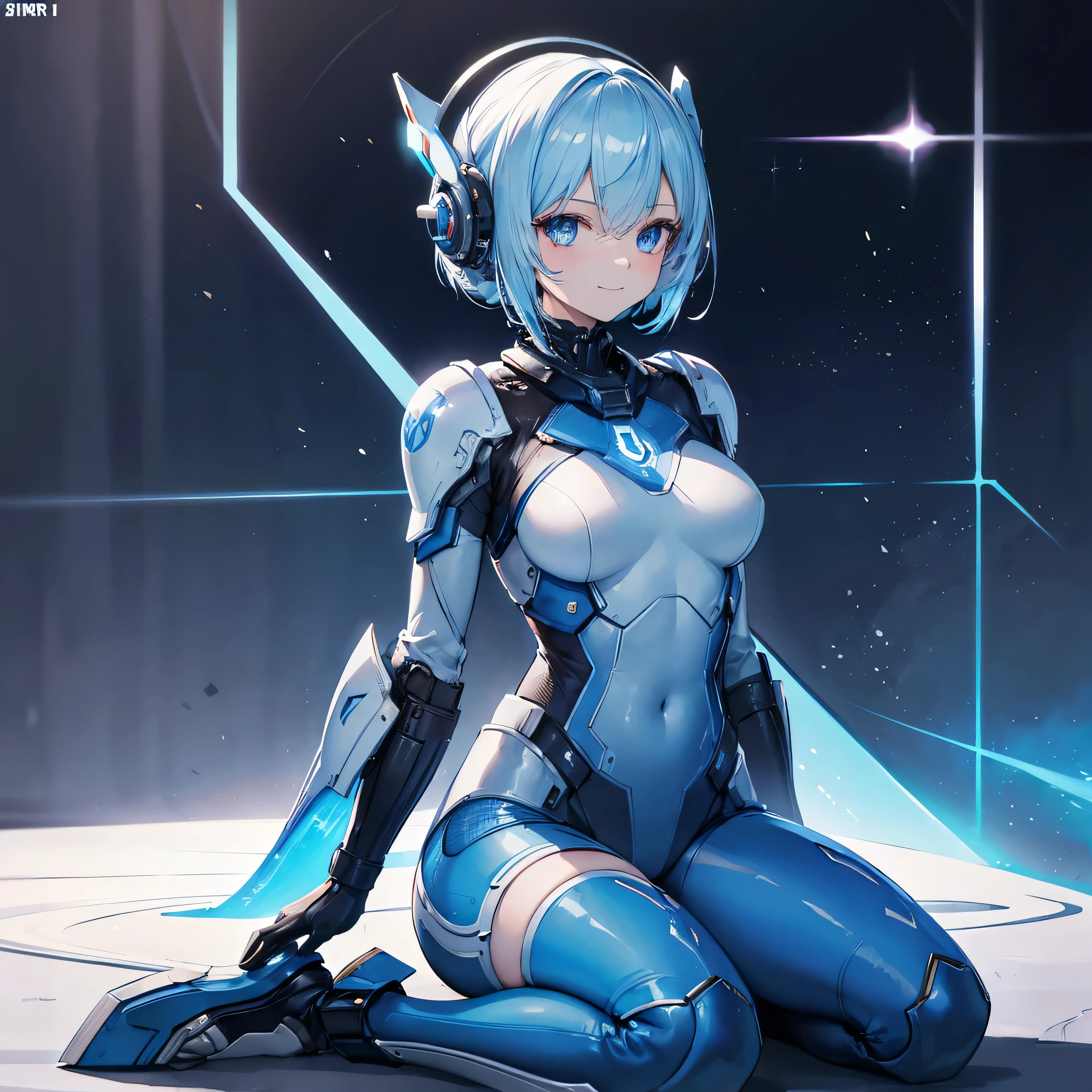 (masterpiece, highest quality, highest resolution, clear_image, Detailed details): (alone, lonely girl, Japanese face, Blue-haired girl, short hair, full body figure, small size breasts, Glowing blue colored eyes, White and blue pilot suit in metallic tones, black color, tight fitting clothes, clothes that cover the whole body, beauty, Because I&#39;m slender, exoskeleton, knee boots, heroine, On your back, Thighs open from side to side, Arm-length gloves, headset)