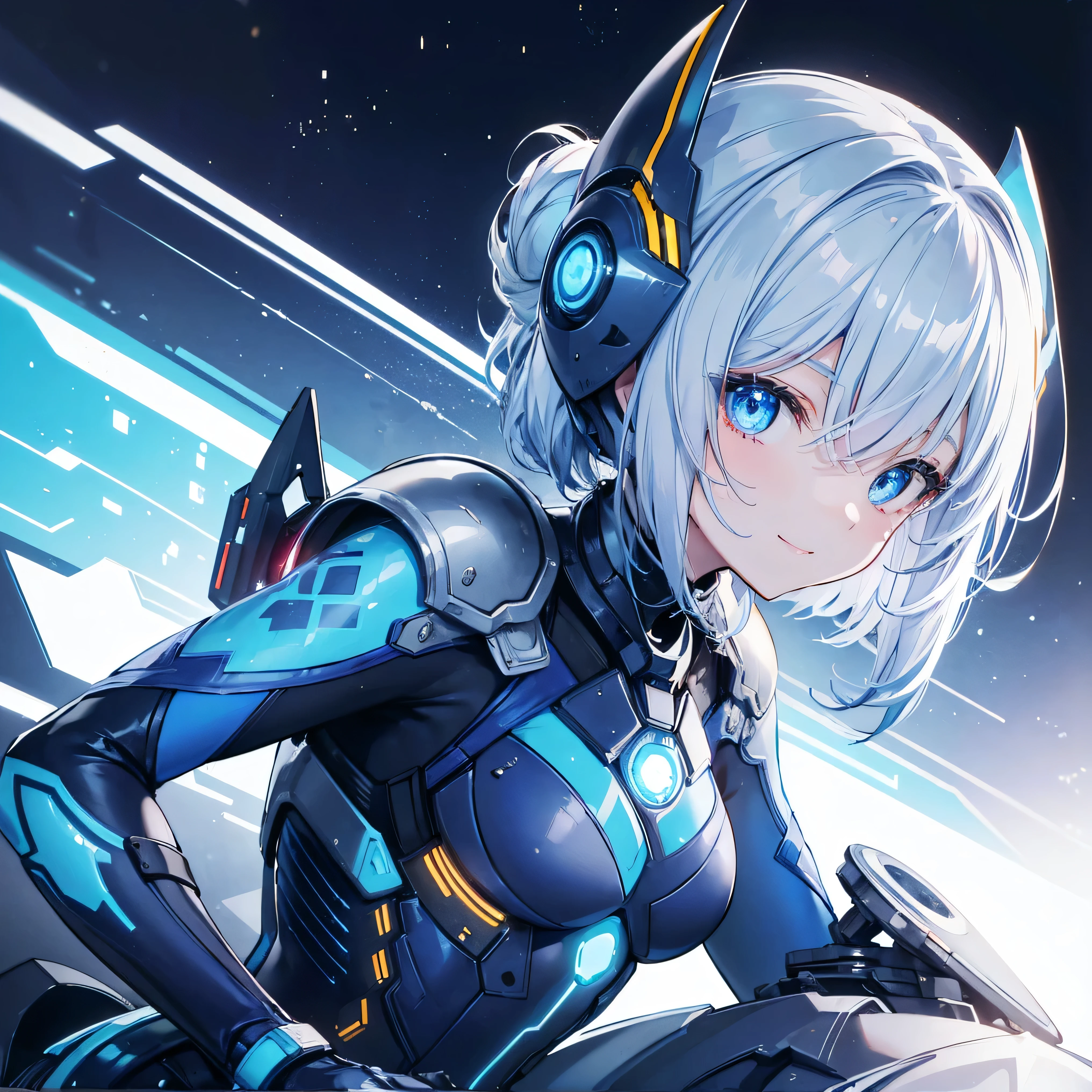 8k, top quality, (Genuine:1.4), original pictures , girl, Asari Hair, smile,female style, cute,Biological Amplifiers, Refined Armor, Refined futuristic wartime helmet, posture: Peace Talks between Combating Factions , Smart Blue Eyes ,Kneel