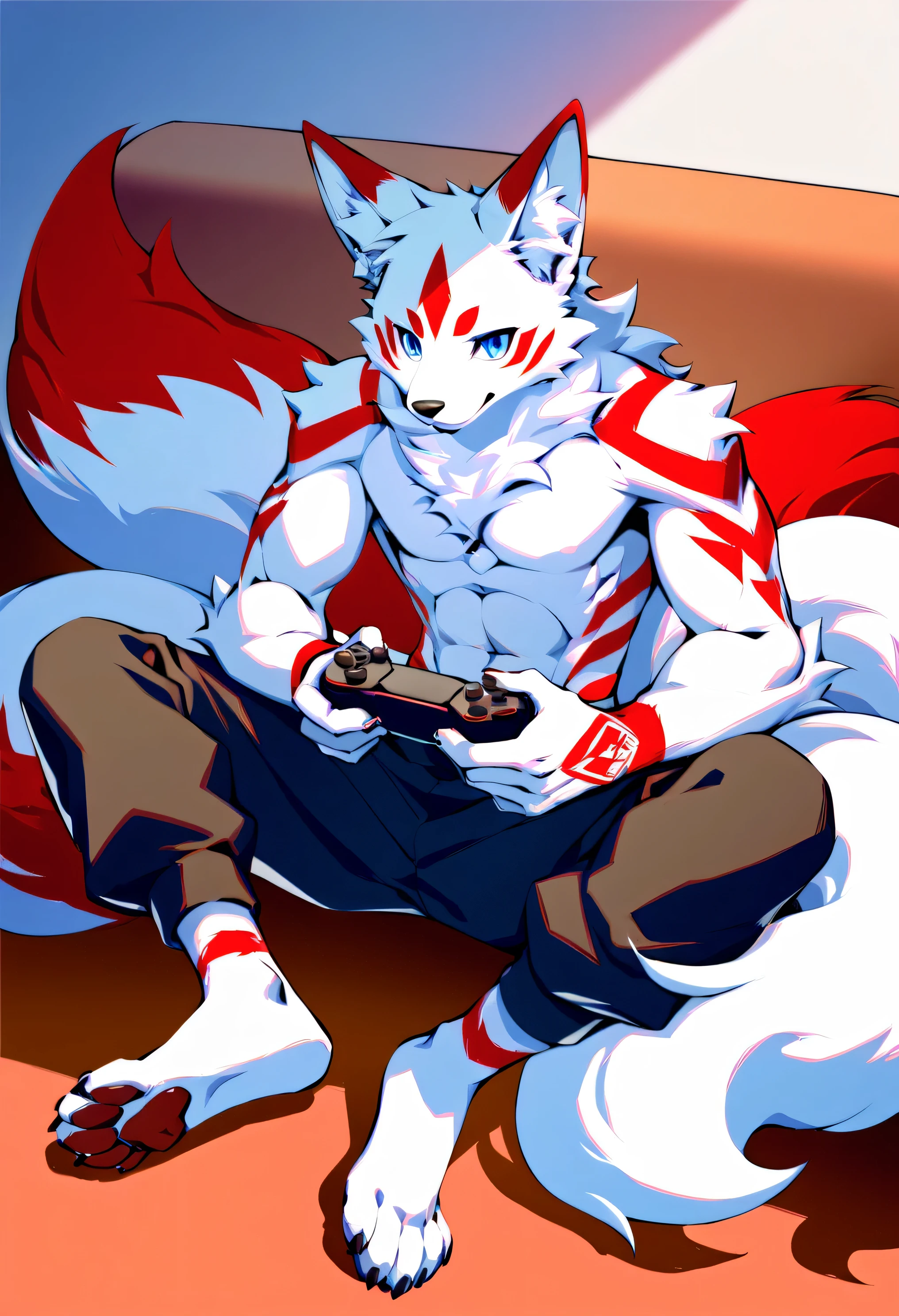 anime style, 2k, ultra clear detailed, masterpiece, ultra clear detailed, ultra high resolution, 1440p. furry male, shota, cool, slim, muscular. Kitsune, white fur, red markings, left eyes is blue eyes with black sclera, 9 tails, big tail, fluffy tail. He is playing video game, his hands holding a game controller, he is sitting on a sofa, there was a bag of snacks and a can of soda on the table in front of him. Wearing a long pants, topless. Streaming room background, gaming gears accessories, low light room.