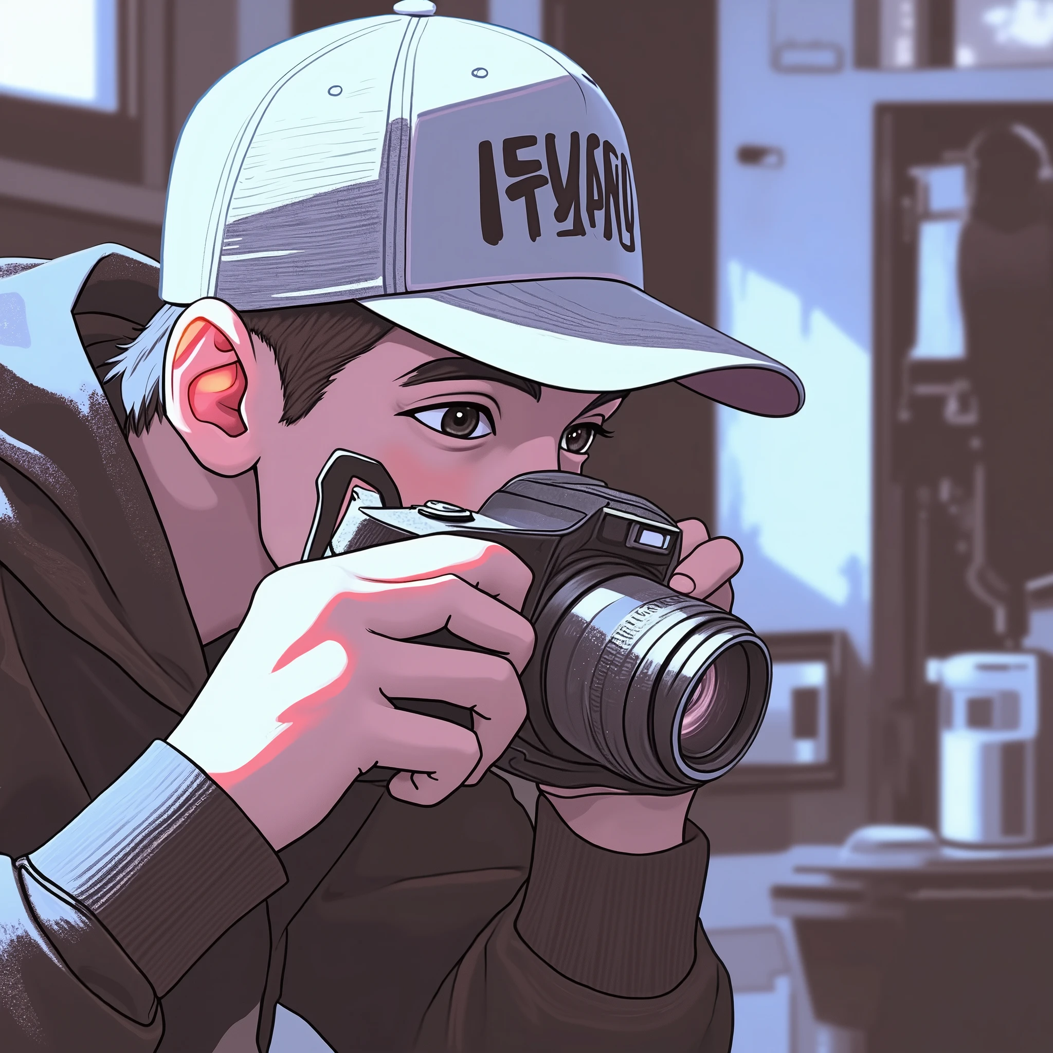 young man holding camera in front him face, wearing cap, cartoon style, logo style, clean background