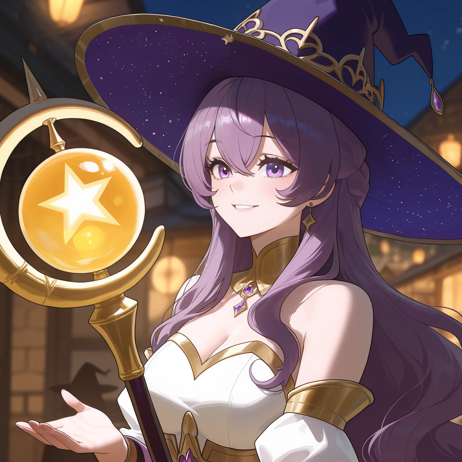 White woman bright purple eyes serius, a long wavy dark purple hair and a purple witch hat with cyan gens on the top, blue and gold barrete. she is in a Village and have purple stars around her self. manga comic art. In her hand a big staff like key