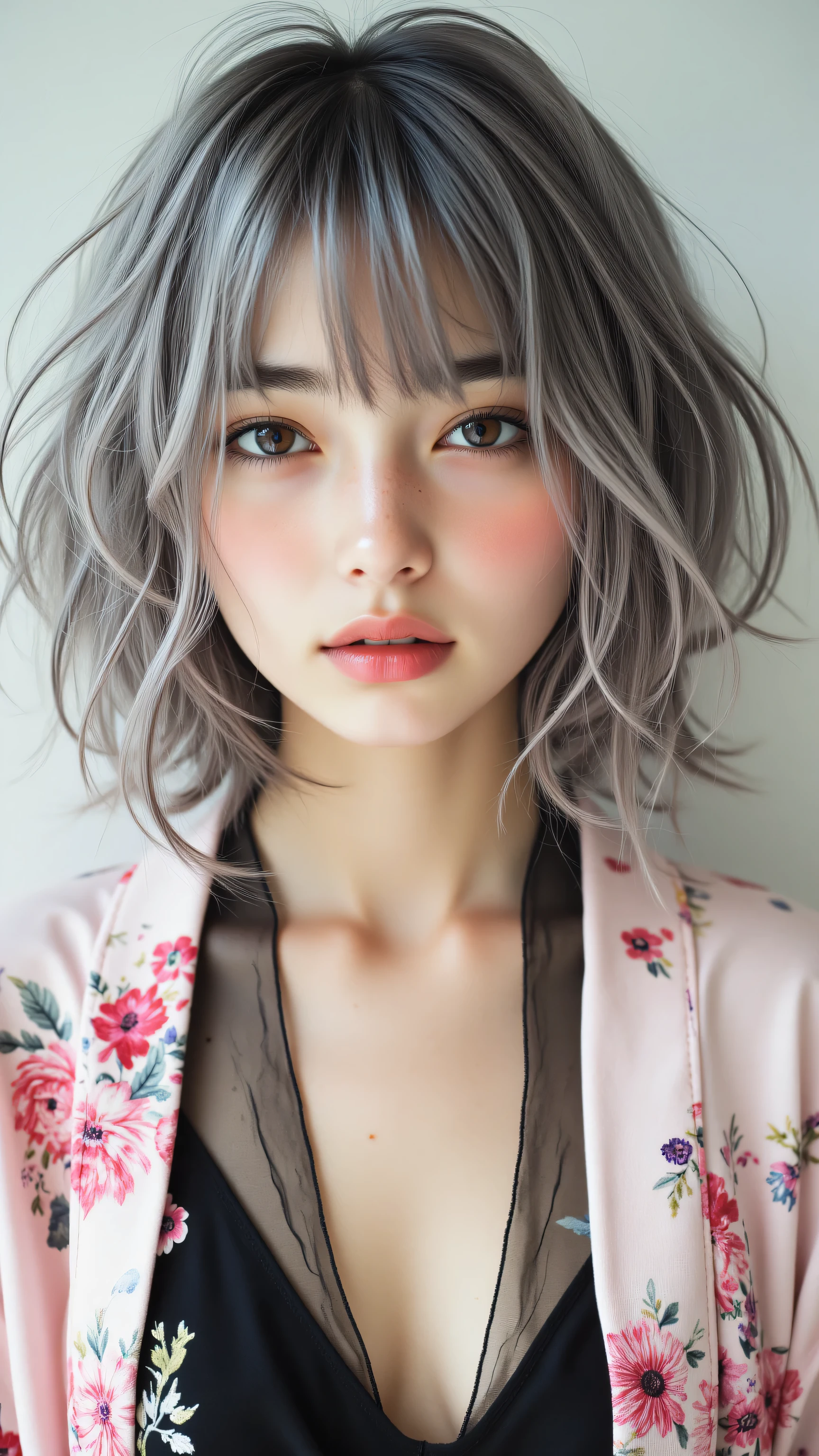 A close up of a woman with a pink jacket and flowers - SeaArt AI