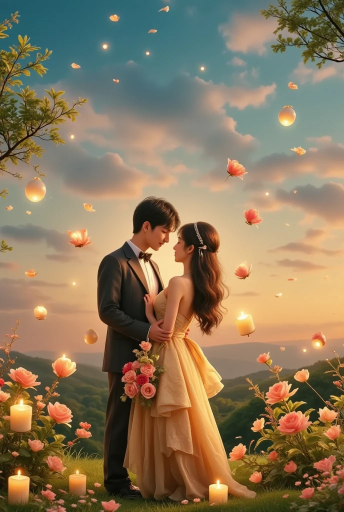一对情侣在迷人的garden中心跳浪漫的舞蹈. The scene is illuminated by floating candles and lanterns , projects a warm , Gently. garden , From the delicate petals of flowers to the verdant leaves , The intricate details are presented in amazing 8K resolution . The couple, Immerse yourself in your arms , Exudes deep love and connection . The atmosphere is full of magical magic , The soft light and serene beauty of the surroundings brightens up the surrounding environment