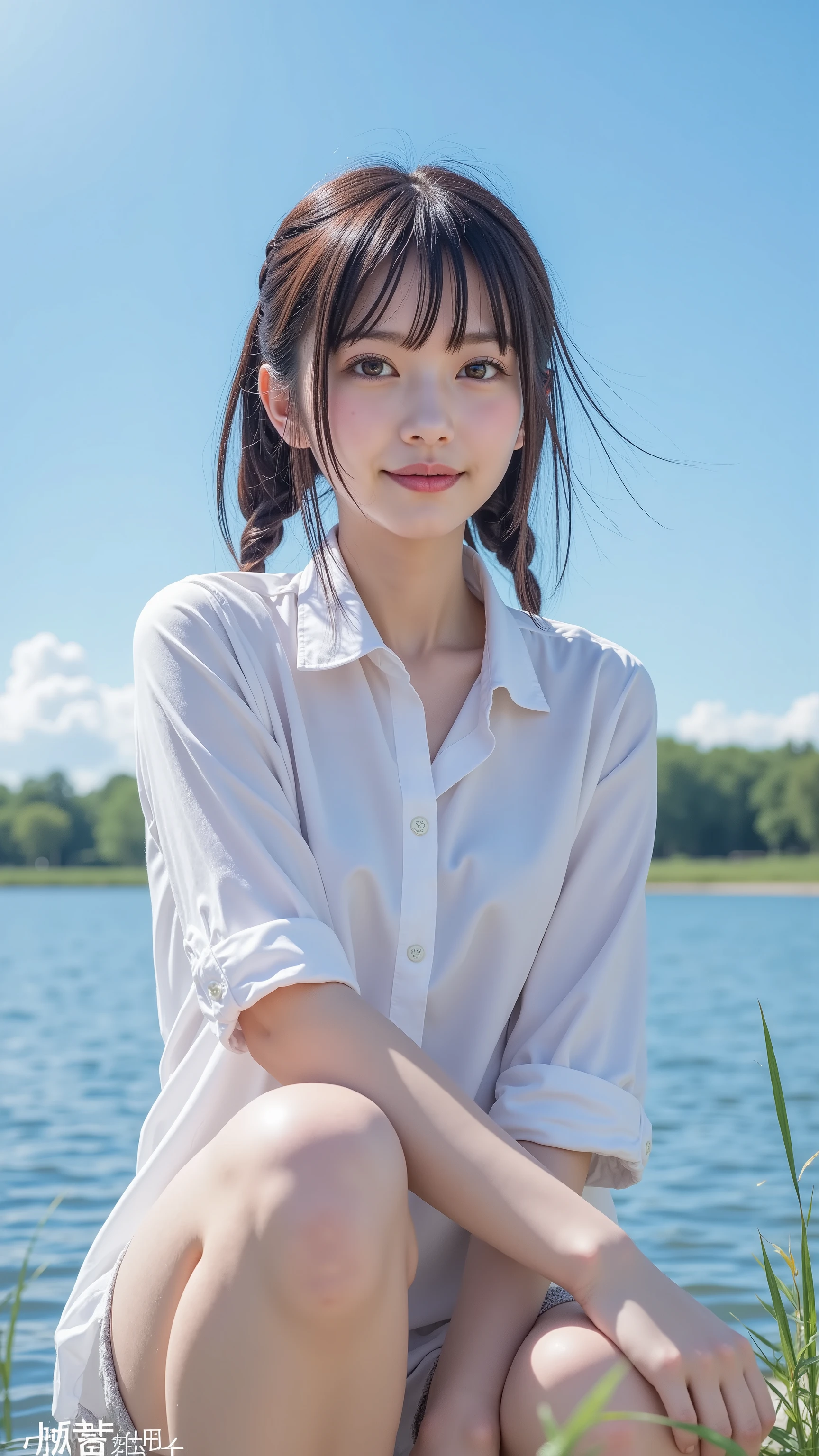 top quality、 nothing 、( high definition :1.2)、 masterpiece、 Detailsな背景、Age Beauty 、 large size、( 非常に Detailsな顔:1.2)、 detailed expressions 、( Details:1.2)、 anatomically accurate、( Normal number of fingers :1.2)、Light-colored hair 、 braided bob cut 、 ponytail、
( under a clear summer blue sky 、 the girl who landed on the riverbank :1.5)、( and approaches the waterside barefoot :1.5)、 ( she rolls up her white shirt lightly and approaches the waterside barefoot {x} {x} {x} she rolls up her white shirt lightly and approaches the waterside barefoot {x}} Droplets of water light up her smile It reflected and was as dazzling as if it had trapped a moment of summer sparkle:1.5)、
Squat down under her stomach 、 when you gently reach out 、 cold water flows between her fingers 、 shines for a moment in the air 、Scoop water with both hands、 throw it into the air 、 clear drops of water sparkle in the sun 、 and approaches the waterside barefoot 、 quietly melts into the river 、 cute