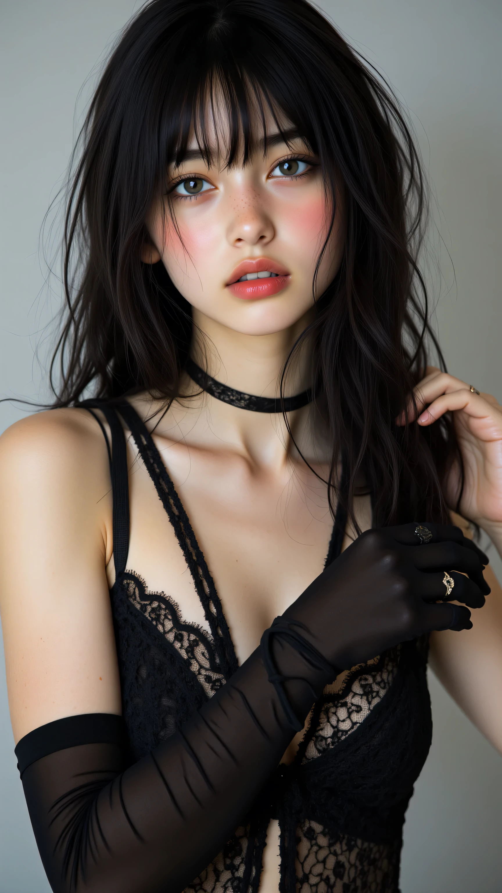 8k, masterpiece, highest quality, Close-up,  woman,  long, black, hair, bangs, black, lace, bodysuit, cutout, straps, sheer, delicate, fabric, long, black, fingerless, gloves, fair, skin, neutral, expression, hands, face, body, black, choker, necklace, plain, neutral, gray, soft, even, lighting.
