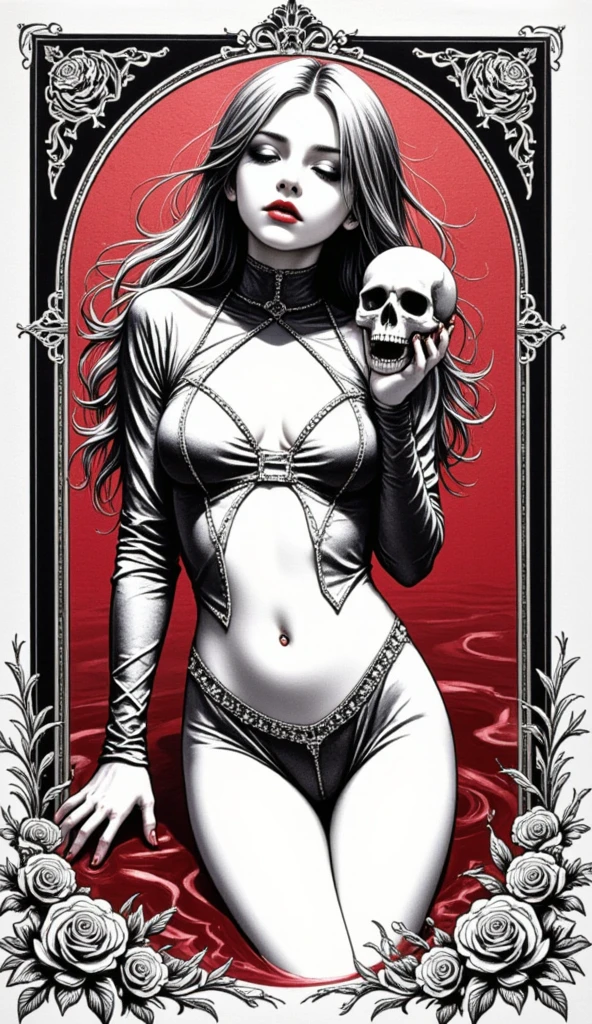The beautiful girl in lace top and leggings is sitting astride a pile of skeletons in the center of the picture. She is holding a trembling sausage with juice squeezed out in her hand and smiling. There are multiple comic storyboards in the background,cbt, sausage bondage,sausage insertion,Sexy, trampling sausage with high heels heel,(masterpiece, best quality:1.2),1 beautiful girl,sexy,comic storyboard:2, leggings, sit astride, axially symmetrical:2, ,femdom,sounding,cbt,hold,smile,colorful,leggings,thin gap,cameltoe,insertion,trembling,juice,spray, Long hair,Lace top,Sexy, Shiny leggings, High heel,cleveage, trampling, in forest, saliva , Mucus,