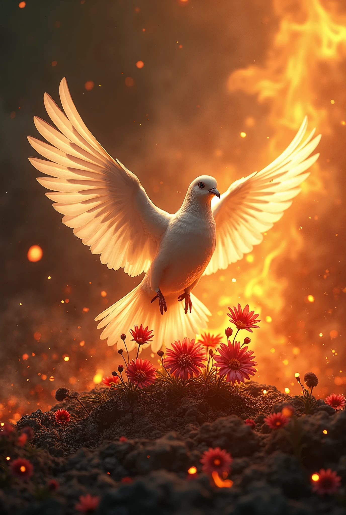 "Dove Rising from the Ashes" – A powerful image of a dove emerging from glowing embers and ash, its wings spreading wide as flames turn into vibrant blossoms, symbolizing rebirth and resilience."