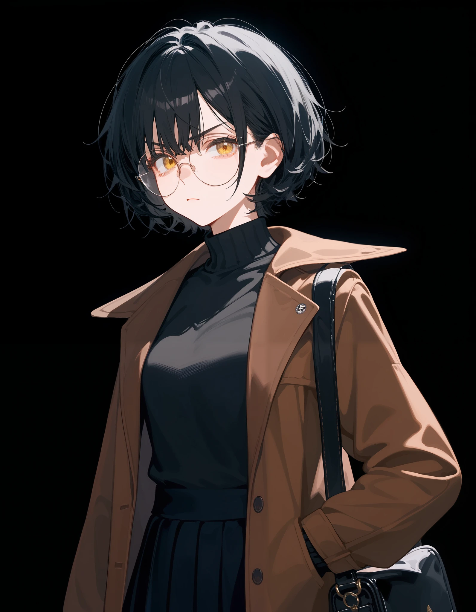 alone,girl, black hair,Bangs, short hair ,ปลาย black hair, golden eyes,ปลาย black hair,, complete,Fierce face, black background , mid-chest,. Photo from the back.,Top image ,Black sweater with long sleeves,, put on round glasses , Brown Jacket, black skirtยาว,Black Singing ,student,Irritated face, Serious Face ,Upset ,sad,Cool hair Bob ,bob hair, black skirt,Carrying a bag,Emotionless
