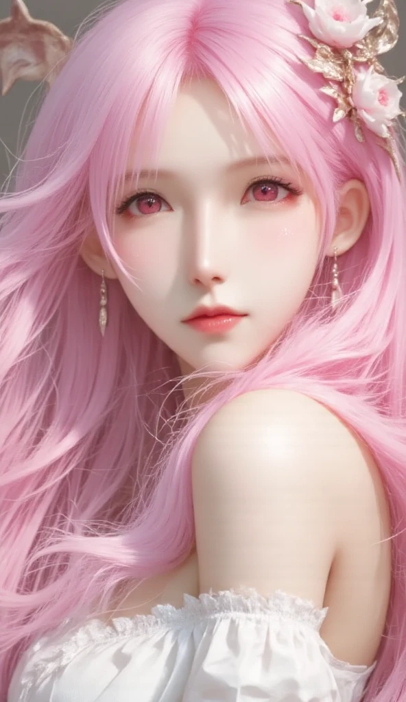 Adorable and innocent face, fair skin, (long pink hair), magenta eyes, slender European young woman, pink gold rose gold color theme, anatomically correct, realistic proportions