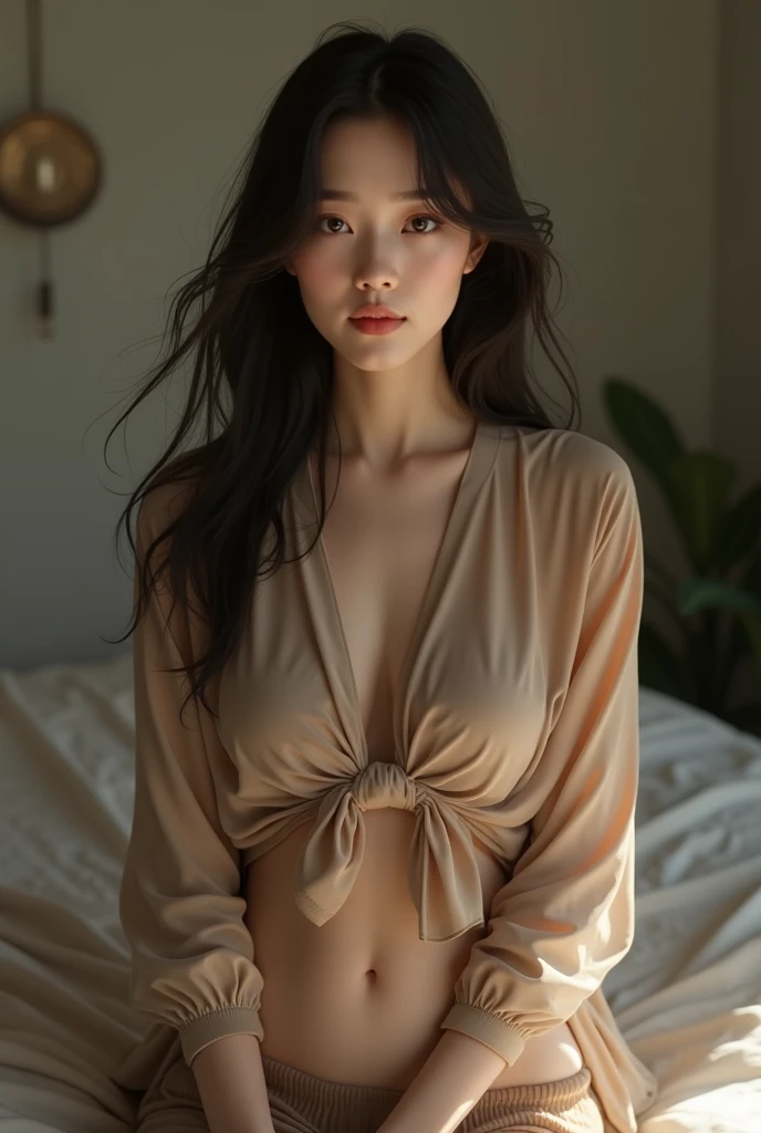There is a woman, upper body, long hair, delicate skin texture and cloth texture, delicate eyes, long eyelashes, double eyelids, wearing no clothes, bae suzy, Ghibli anime style, wearing skirt, milk and mocha style, light skirt, inspired by Shen Se-jung, elegant no clothing style, layered skirt, innocent