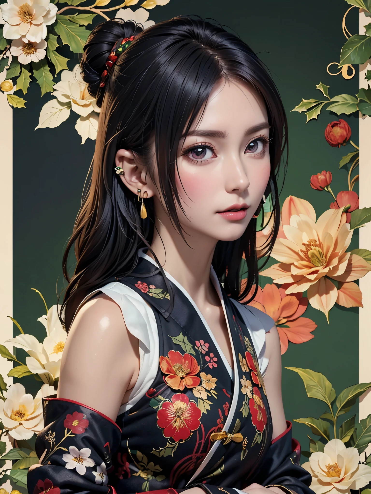 ( masterpiece, top quality , top quality , Official Art, beautiful 、Midea :1.2), ( seat:1.3), handmade ,( fractal art :1.1),( colorful :1.1)(flower:1.3), Best Details ,( zentangle :1.2), ( dynamic pose christmas ), ( abstract background :1.3), ( Traditional Chinese Cloth :1.2), ( shiny skin 、S ), (Many colors:1.4), ,( earrings for women :1.4),