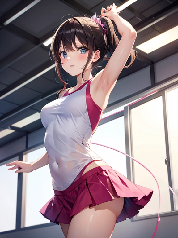 Fair skin, Black Hair,ponytail、Wet crotch,Sexy pose,Natural light、Covered in semen, ((18-year-old、Highest quality、gym、Leg spread、Complex、perspective, Very detailed, Detailed Background,, Big Breasts,Saggy breasts,Three-dimensional chest,Slender body,the body is slim,smile,Thin legs,sort out:1.5,スレンダーBig Breasts,Puffy nipples,スレンダーBig Breasts,Accentuate your breasts,(masterpiece:1.2, Highest quality), (Realistic, photoRealistic:1.4. View your viewers, 1 girl, Gymnast, Perfect Face, Cute and symmetrical face, Glowing Skin, Baby Face,
(Mid-length hair:1.5, サイドponytail:1.2,), Hair between the eyes, (Big Breasts), Nipple hardening,
Beautiful Hair, Beautiful Face, Beautiful attention to detail, Beautiful clavicle, Beautiful body, Beautiful breasts, Beautiful thighs, Beautiful feet, Beautiful fingers,
((Gymnastics uniform)),
(Beautiful views), (Gymnastics stadium), (one leg up Gymnastics pose), (素敵なsmile, Upward glance, Open your mouth),