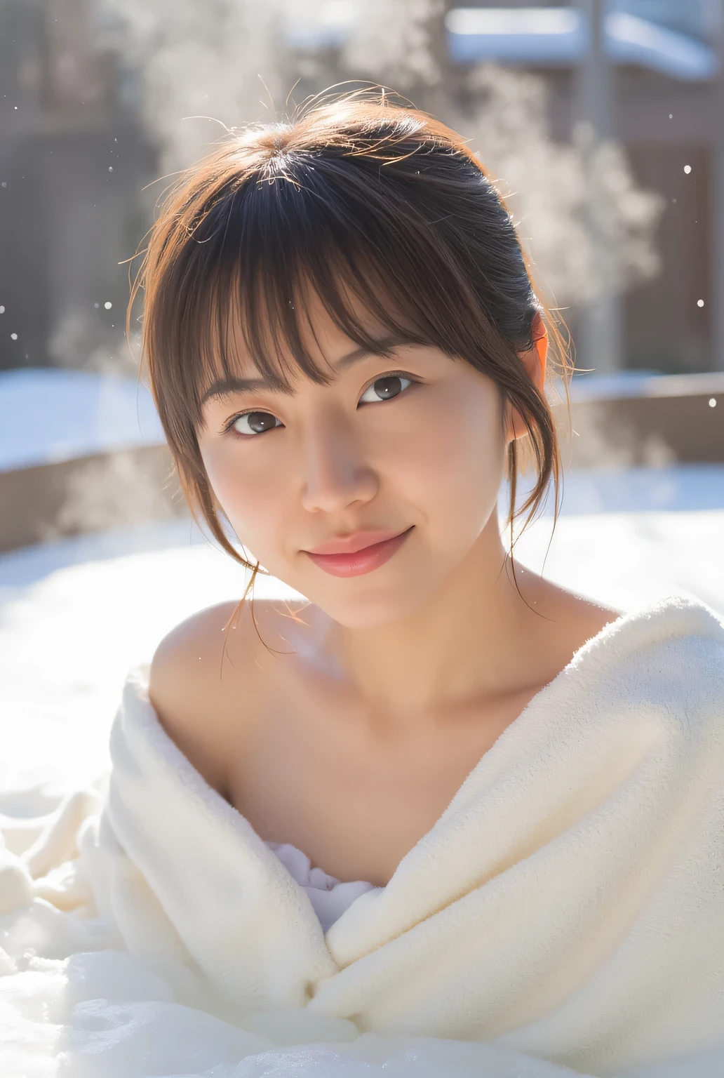 (Towel wrapped around the body : 1.5)、( naked : 1.5), ( No. : 1.5), ( upper body shot : 1.5), (Soak your shoulders in the snow viewing open-air bath : 1.5), bangs, smile, Young and Adorable Japanese Face , Official Art, high definition CG Unity 8k wallpaper,Ultra high definition , very detailed, high definition , Kodak Portrait 400 , film grain , White and Red Lens Flare Sparkle , top quality ,8k, The ,8k, Show Viewer , (( masterpiece)), (( top quality )), ( very detailed), (( cute)), (( sexy)), ( Mr.々Service features ), ( beautiful), beautiful Japanese woman, (( female 1 person )), (おっぱいの谷間 : 1.3)