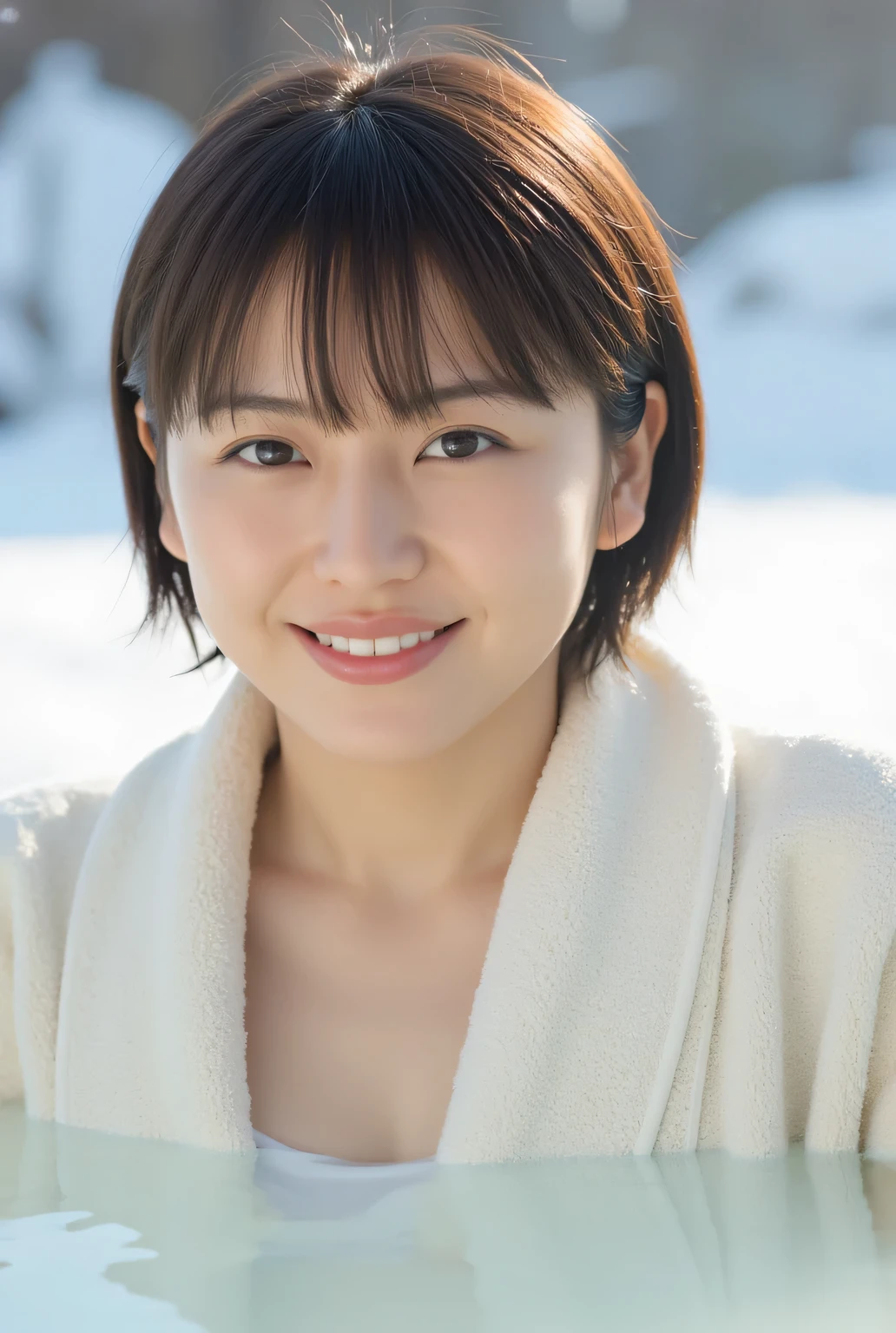 (Towel wrapped around the body : 1.5)、( naked : 1.5), ( No. : 1.5), ( upper body shot : 1.5), (Soak your shoulders in the snow viewing open-air bath : 1.5), bangs, smile, Young and Adorable Japanese Face , Official Art, high definition CG Unity 8k wallpaper,Ultra high definition , very detailed, high definition , Kodak Portrait 400 , film grain , White and Red Lens Flare Sparkle , top quality ,8k, The ,8k, Show Viewer , (( masterpiece)), (( top quality )), ( very detailed), (( cute)), (( sexy)), ( Mr.々Service features ), ( beautiful), beautiful Japanese woman, (( female 1 person )), (おっぱいの谷間 : 1.3)