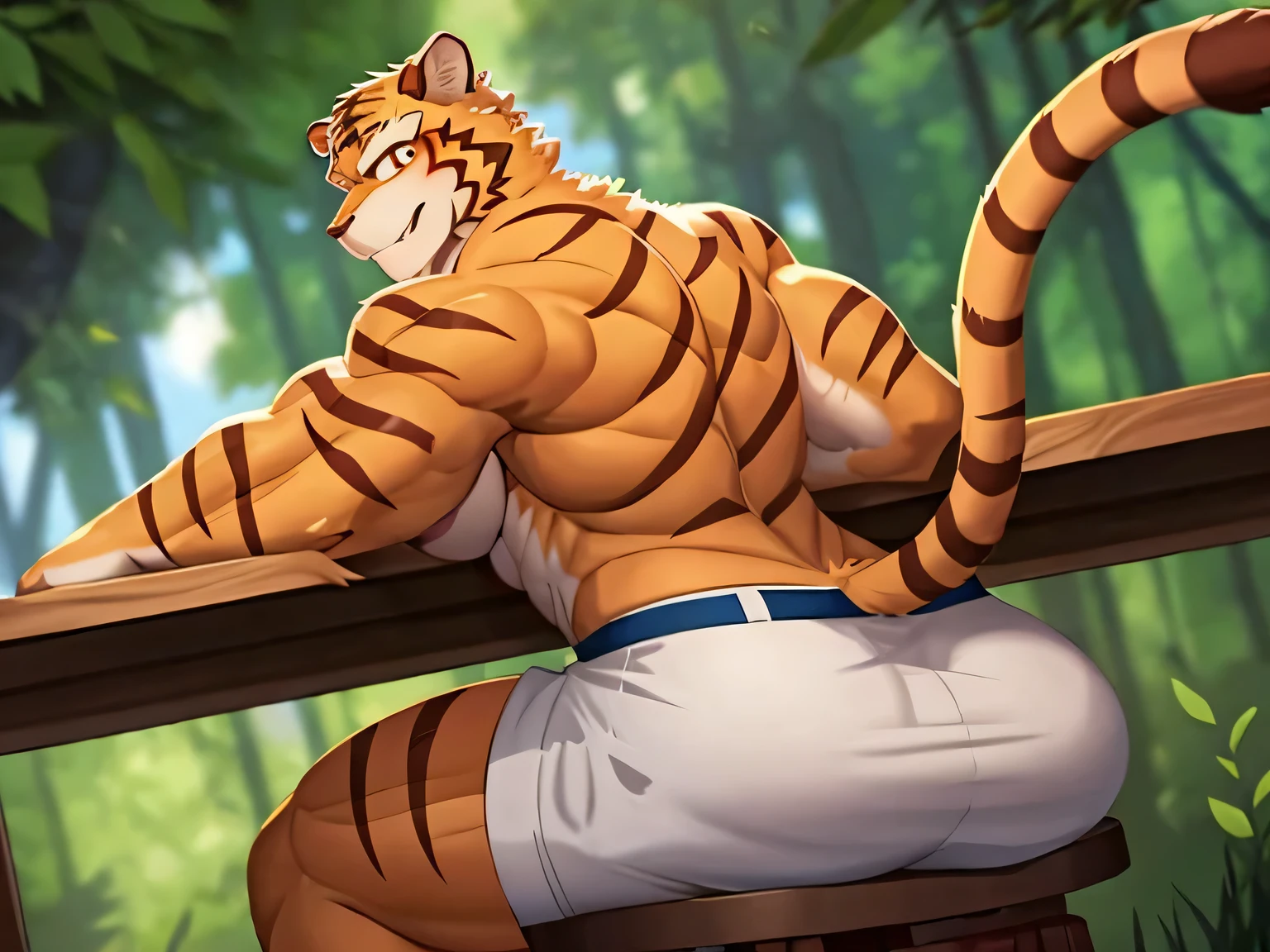 bara, furry, furry male, male focus, muscular male, orange eyes, tiger furry, tiger ears, male, solo, back angle, huge butt, nude, sweaty, HD, bulge, big bulge, bulge focus, manly, beefy, himbo, butt focus, big pecs, tiger tail, no clothes, black jockstrap, detail eyes, sitting on tiny stool