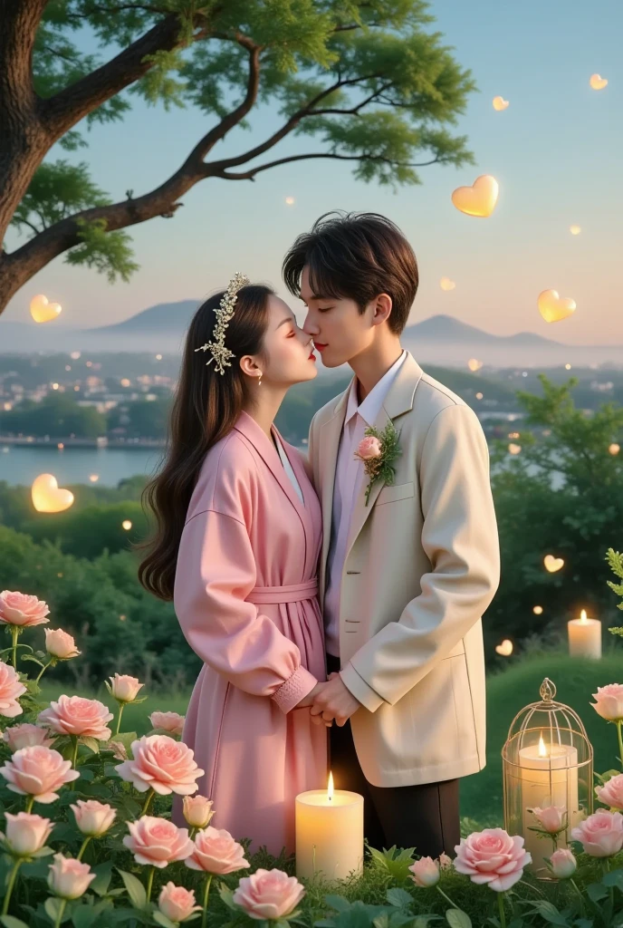 一对情侣在迷人的garden中心跳浪漫的舞蹈. The scene is illuminated by floating candles and lanterns , projects a warm , Gently. garden , From the delicate petals of flowers to the verdant leaves , The intricate details are presented in amazing 8K resolution . The couple, Immerse yourself in your arms , Exudes deep love and connection . The atmosphere is full of magical magic , The soft light and serene beauty of the surroundings brightens up the surrounding environment