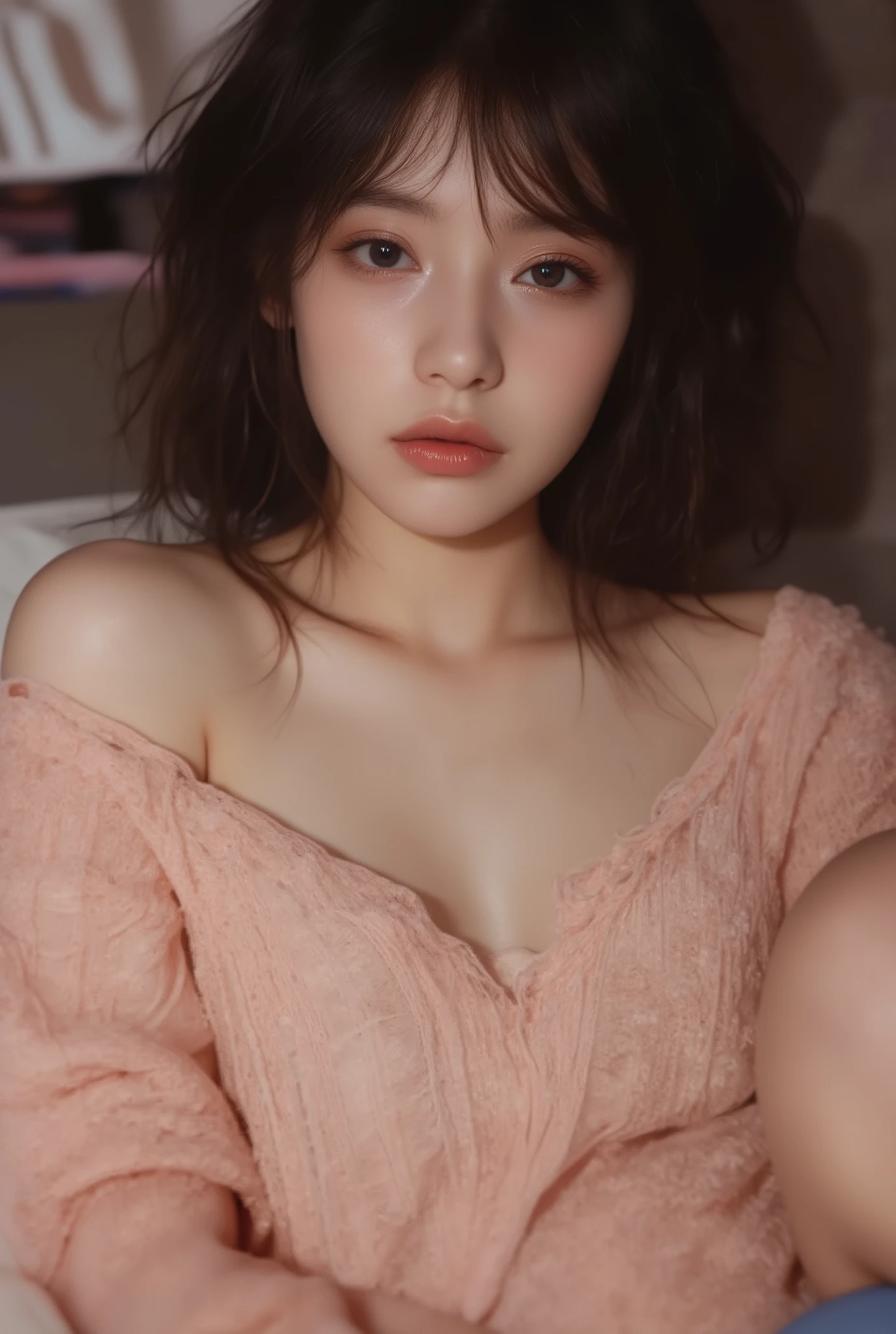 8k, masterpiece, highest quality, Surrealism, Low-angle, close-up. Dark hair, bangs, fair skin, large breast, deep cleavage, delicate features. Oversized light pink sweater, off-the-shoulder, light blue underwear. sitting, legs spread apart, lean back a little bit, one hand on her boobs. face turned towards camera. Blurred, indoor, soft lighting, muted colors, stylized graphic elements.